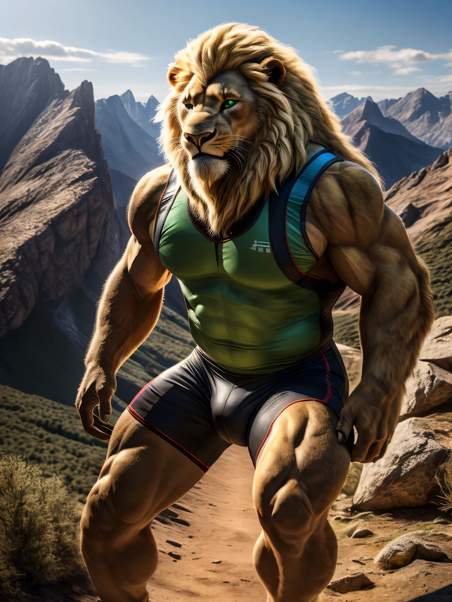 (best quality,4k,8k,highres,masterpiece:1.2),ultra-detailed,(realistic,photorealistic,photo-realistic:1.37),Lion, male, long and blonde mane, blonde chin beard, green eyes, muscular body, tight sports outfit, hiking in the mountains, smiling while looking at the scenery, vibrant colors, golden lighting