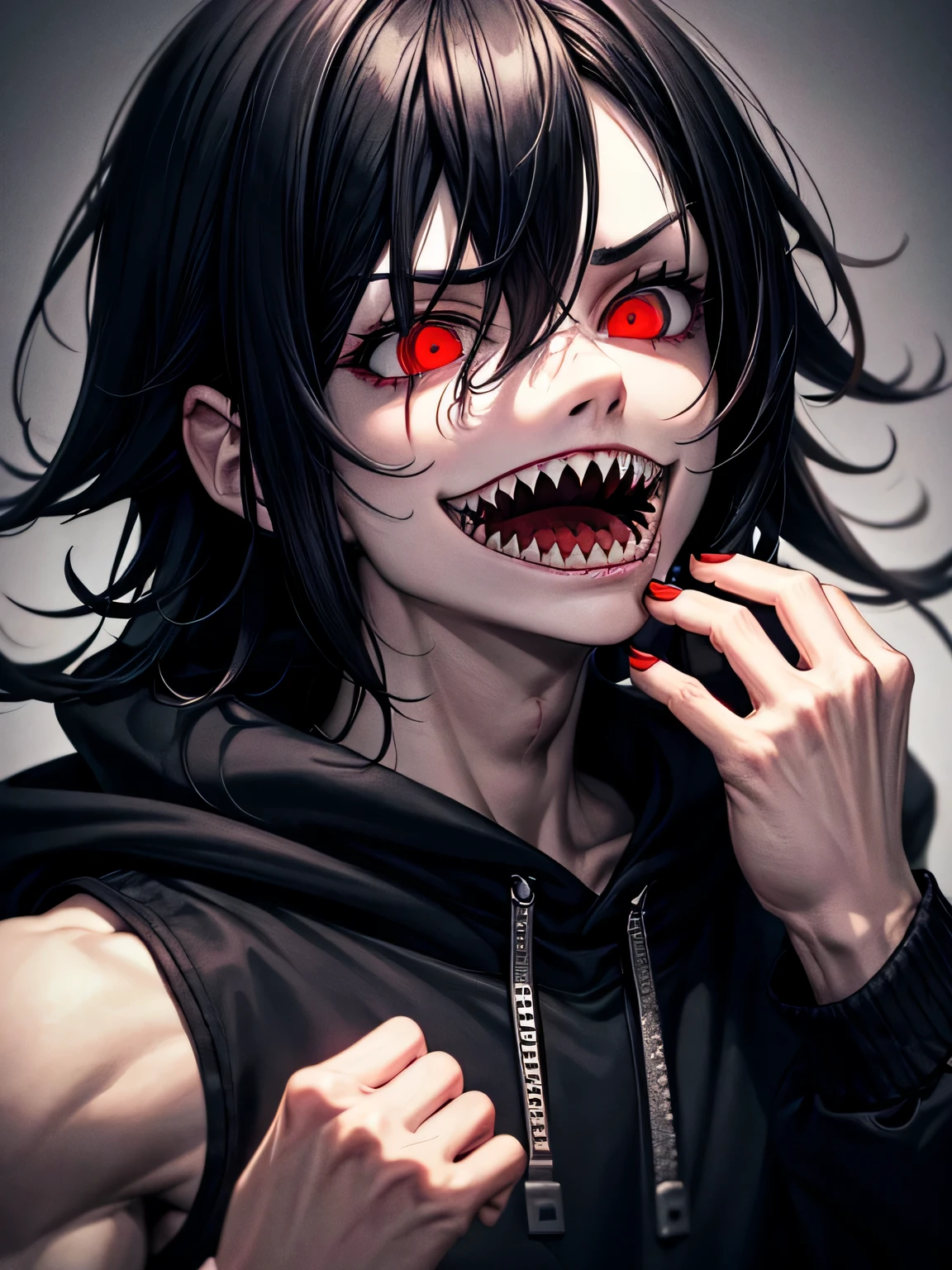 Solo. Creepy, terrifying muscular musculine man with short messy curly black hair, a sharp jawline, crazy red eyes, metal wires joining his seperated upper jaw and lower jaw, Jeff the killer's mouth, muscular forearms, sharp shark-like teeth for teeth, pale white skin and red eyes on his body, wearing a fit plain black hoodie and black tracksuits, eating a lung, in a black background. Cannibalistic. Floating red eyeballs. Horror. His name is Cannabalia, . Blood