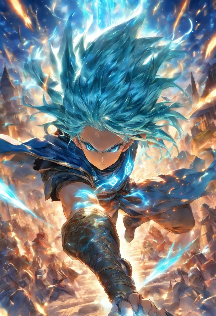 foreshortening,  profundidade de campo, master part, best quality, 1rapaz, blue hairs , olhos azuis,  cabelos longos, no ar, bolha de ar,sorrindo, sozinho, Olhando para o Viewer com uma espada de fogo azul, armadura medieval , flutuando,  luz solar fraca,