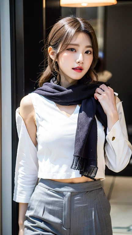 (8K, Raw photo, highest quality, masterpiece: 1.2),8k,shortcut,White blouse outfit, gray pants, Suit and grey vest. , Purple pink white scarf, slim proportions, Indoor light