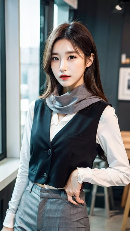 (8K, Raw photo, highest quality, masterpiece: 1.2),8k,shortcut,White blouse outfit, gray pants, Suit and grey vest. , Purple pink white scarf, slim proportions, Indoor light