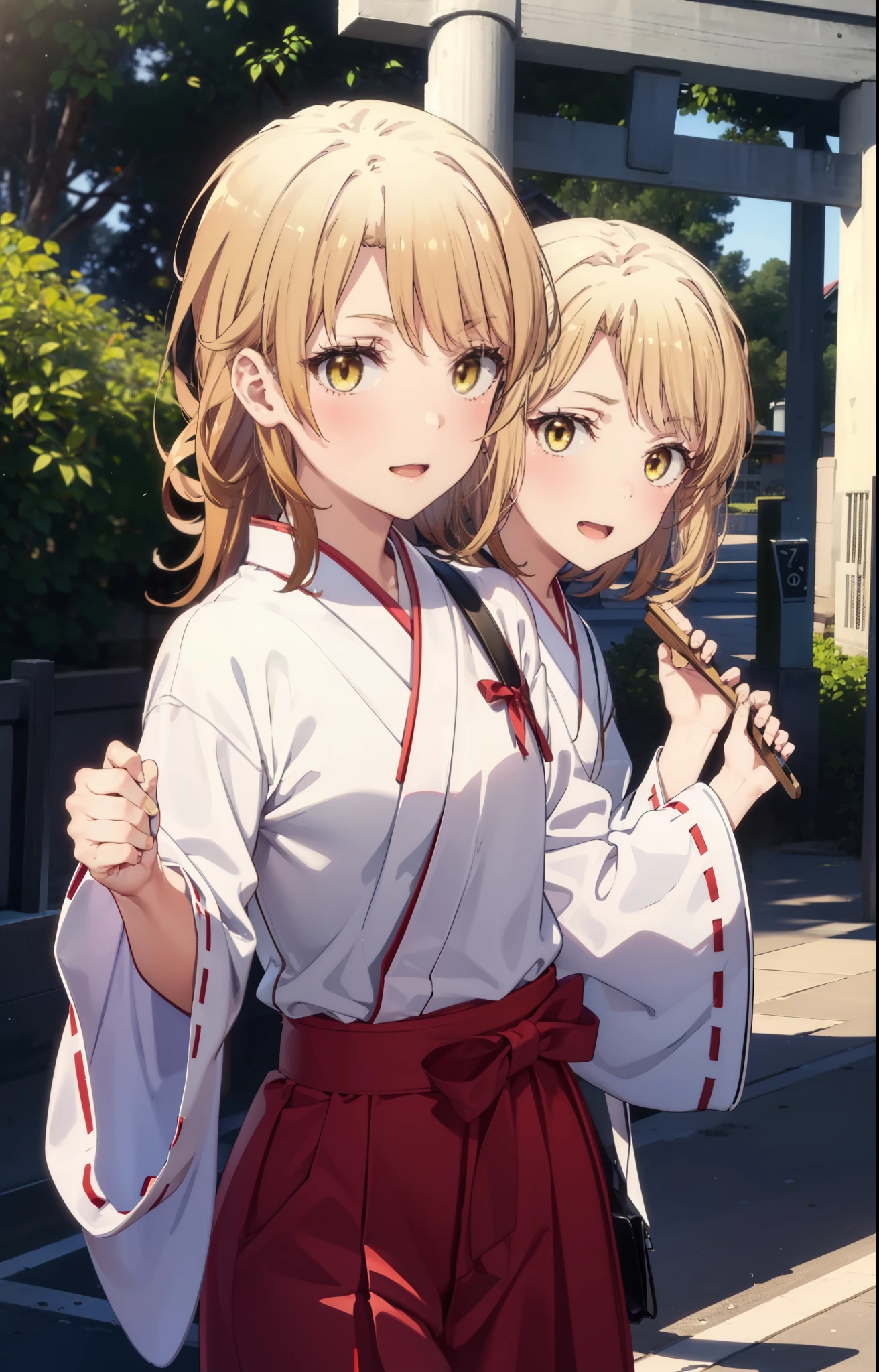 irohaisshiki, iroha isshiki, long hair, brown hair, (brown eyes:1.5), low ponytail,Short braided hair happy smile, smile, open your mouth,Platycodon,Miko, white kimono, red hakama,kimono, white foot bag,Zori sandals,same as skirt, wide sleeve, long sleeve, ribbon trim sleeves,  
looking at the viewer, Are standing, 
very long hair, dull bangs, low ponytail, 
break outdoors, shrine,torii,
break looking at viewer,whole body, (cowboy shot:1. 5)
break (masterpiece:1.2), highest quality, High resolution, unity 8k wallpaper, (shape:0.8), (fine and beautiful eyes:1.6), highly detailed face, perfect lighting, Very detailed CG, (perfect hands, perfect anatomy),
