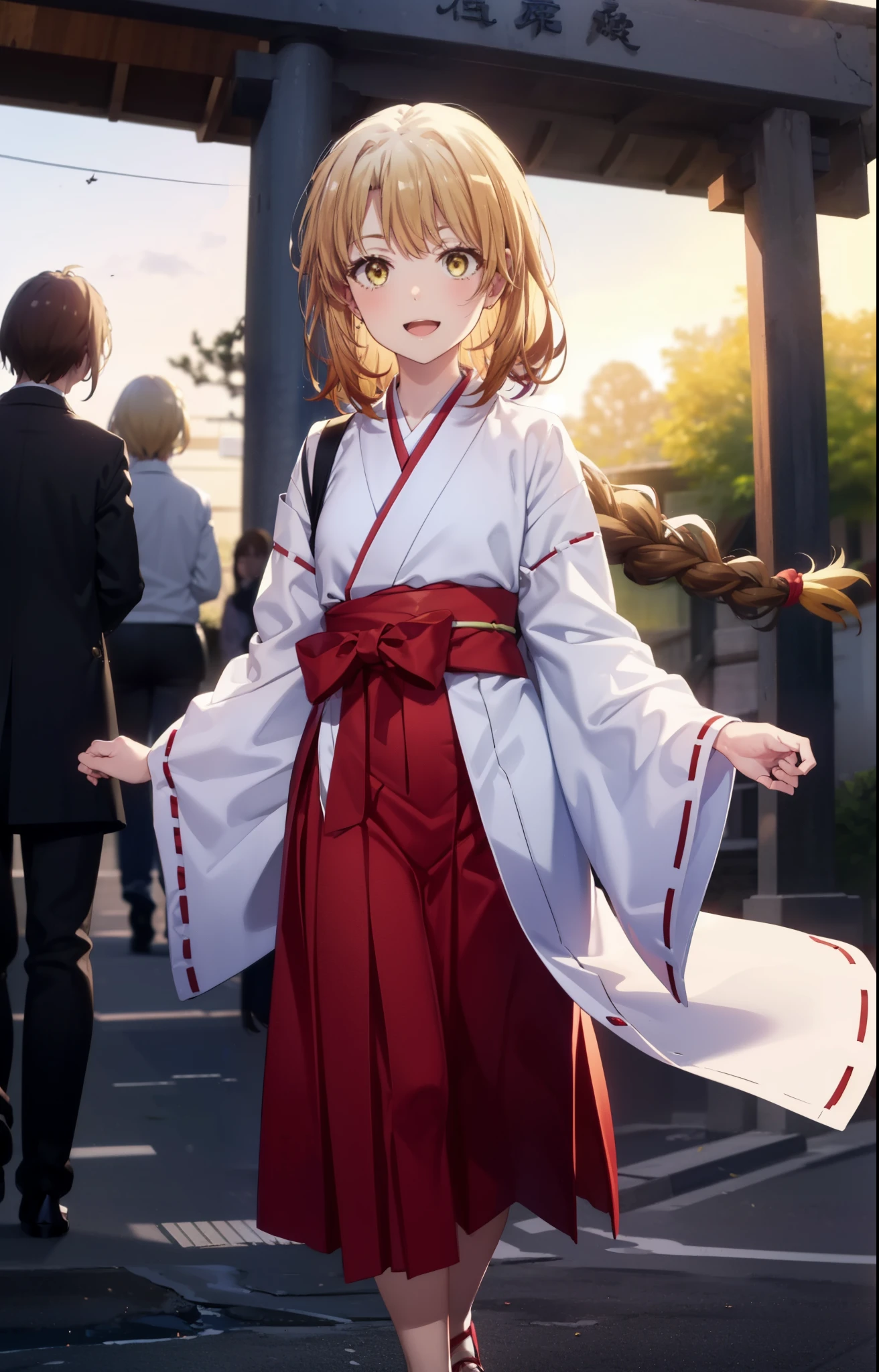 irohaisshiki, iroha isshiki, long hair, brown hair, (brown eyes:1.5), low ponytail,Short braided hair happy smile, smile, open your mouth,Platycodon,Miko, white kimono, red hakama,kimono, white foot bag,Zori sandals,same as skirt, wide sleeve, long sleeve, ribbon trim sleeves,
looking at the viewer, Are standing,
very long hair, dull bangs, low ponytail,
break outdoors, shrine,torii,
break looking at viewer,whole body, (cowboy shot:1. 5)
break (masterpiece:1.2), highest quality, High resolution, unity 8k wallpaper, (shape:0.8), (fine and beautiful eyes:1.6), highly detailed face, perfect lighting, Very detailed CG, (perfect hands, perfect anatomy),