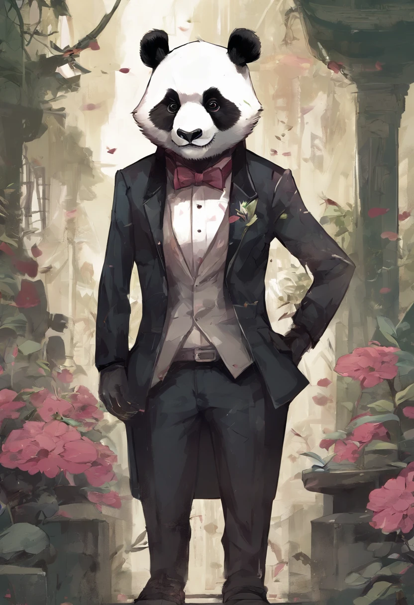 anthropomorphic panda, de cuerpo entero, vestido formalmente con un blazer, sostiene una bandeja, pegatina de panda, sticker de panda.