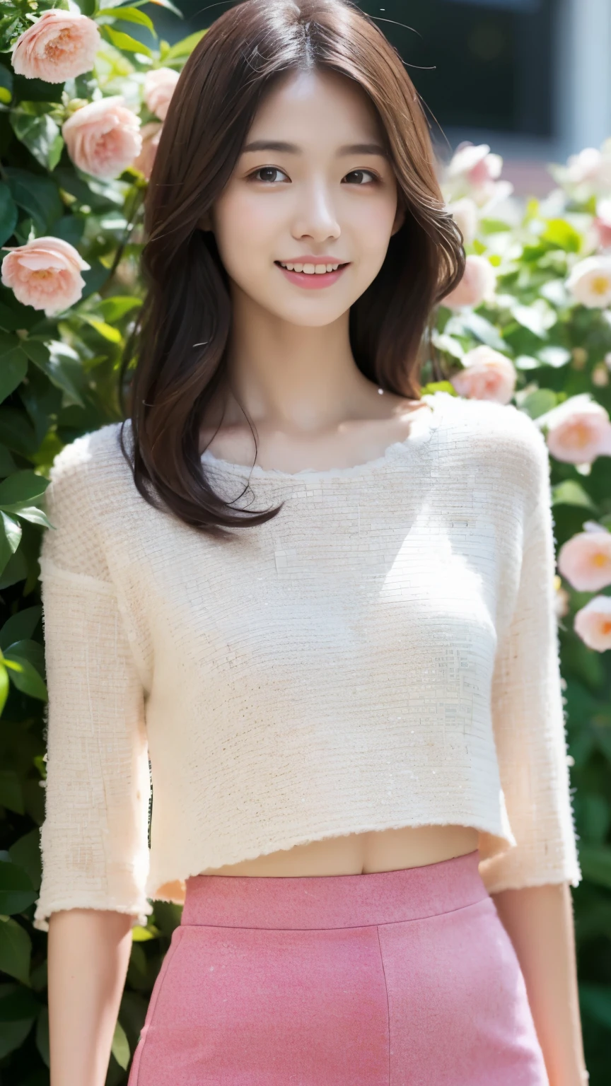 japanese girl、spring、flower garden、((best quality,master piece,超A high resolution)),(Realistic:1.4),1 girl,from head to knees,dynamic posture,adult face,slim,Slender、(smile),(shiny skin),(overview,frontage,twilight),white hair,white long hair,iridescent eyes,big bust,Top Fashion,mini skirt),(clear eyes),(clean nose),(Clear lips),(Fair skin),(Ultra realistic textile texture)