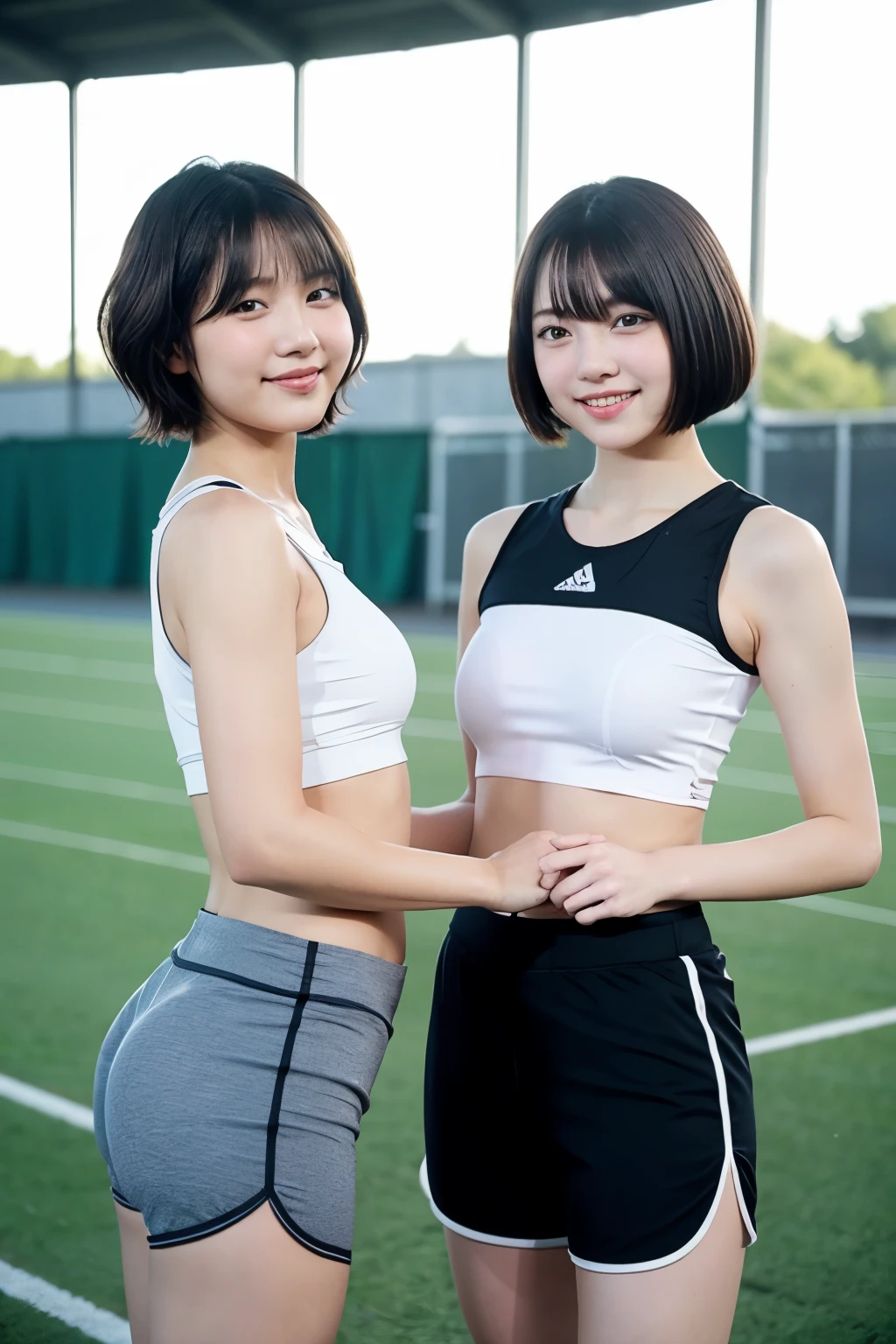 Two neat high school girls、((((Long white camisole、White panties))))、Outside the stadium、(slim)、Realistic、detailed, Skin Texture, 超detailed、Delicate and sexy collarbone、A sloppy smile、スーバーdetailedな顔、detailed唇、detailedな目、Small breasts、Small breasts、、Small breasts、Flat Chest、Accentuate your breasts、Bright Face、((Are standing、スカートからWhite pantiesが見えている、Lift the hem of your skirt slightly with both hands..,,)), Short hair with bangs、Straight Bob Hair、、Top view、12 years old、They are facing each other, hugging each other closely、Their chests pressed together