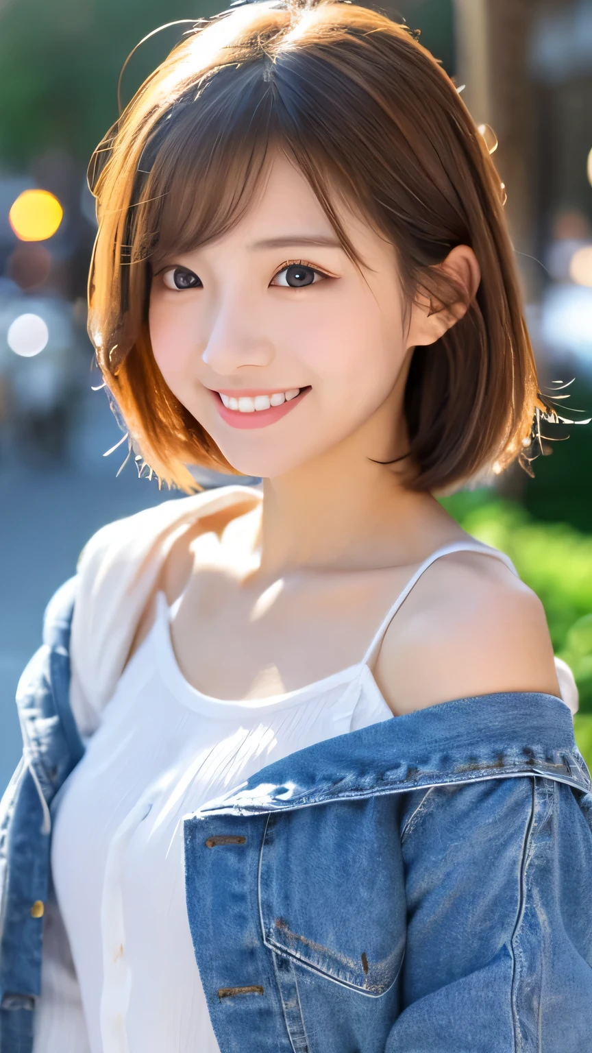 cute 21 year old japanese、city、shopping、super detail face、pay attention to details、double eyelid、beautiful thin nose、sharp focus:1.2、Beautiful woman:1.4、(light brown hair,short hair、),pure white skin、highest quality、masterpiece、ultra high resolution、(Photoreal:1.4)、Highly detailed and professional lighting、nice smile、show your whole body、cute spring clothes、