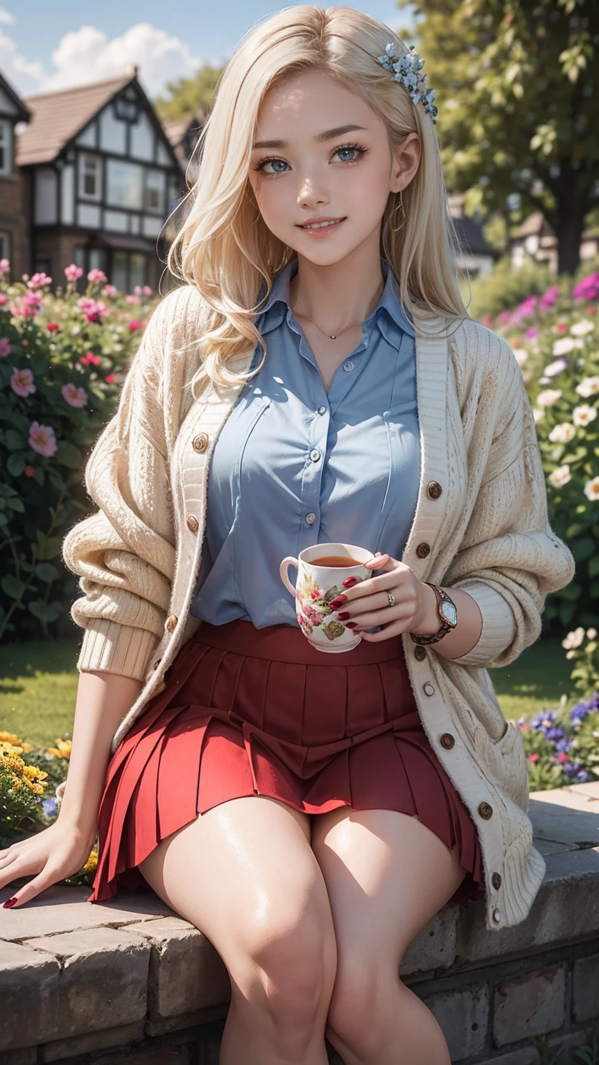 ((最high quality, 8K, masterpiece: 1.3, Ultra HD, high quality, 最high quality, High resolution, realism)) 、A 22-year-old extremely beautiful white woman、Her hair color is platinum blonde、blue eyeedium hair、straight hair、The hair is shiny、The skin is lustrous、smile、Slender but well-proportioned muscular body、Athlete-like body type、I don't want my head to disappear from the screen.、Wearing accessories on your wrist、Wearing red nail polish、I have a peticure、British suburban buildings、There is an English garden、Many flowers bloom、The blue sky is beautiful、summer sunshine、Wearing a blouse、put on a cardigan、Long length covers the ankles、Wear a pleated skirt、Drinking tea in the garden、anatomically correct、((anatomically correct))、Ultra high definition((UHD))、textured skin((textured skin))、very detailed((super detail))、high detail((high details))、smile showing teeth((grin))