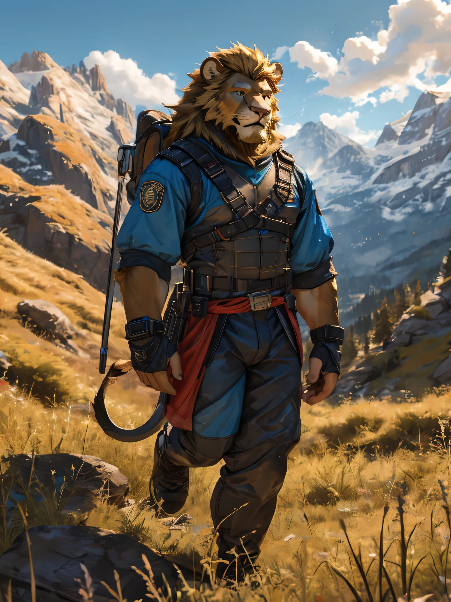 (best quality,4k,8k,highres,masterpiece:1.2),ultra-detailed,(realistic,photorealistic,photo-realistic:1.37),Lion, male, long and blonde mane, blonde chin beard, green eyes, muscular body, tight sports outfit, hiking in the mountains, smiling while looking at the scenery, vibrant colors, golden lighting