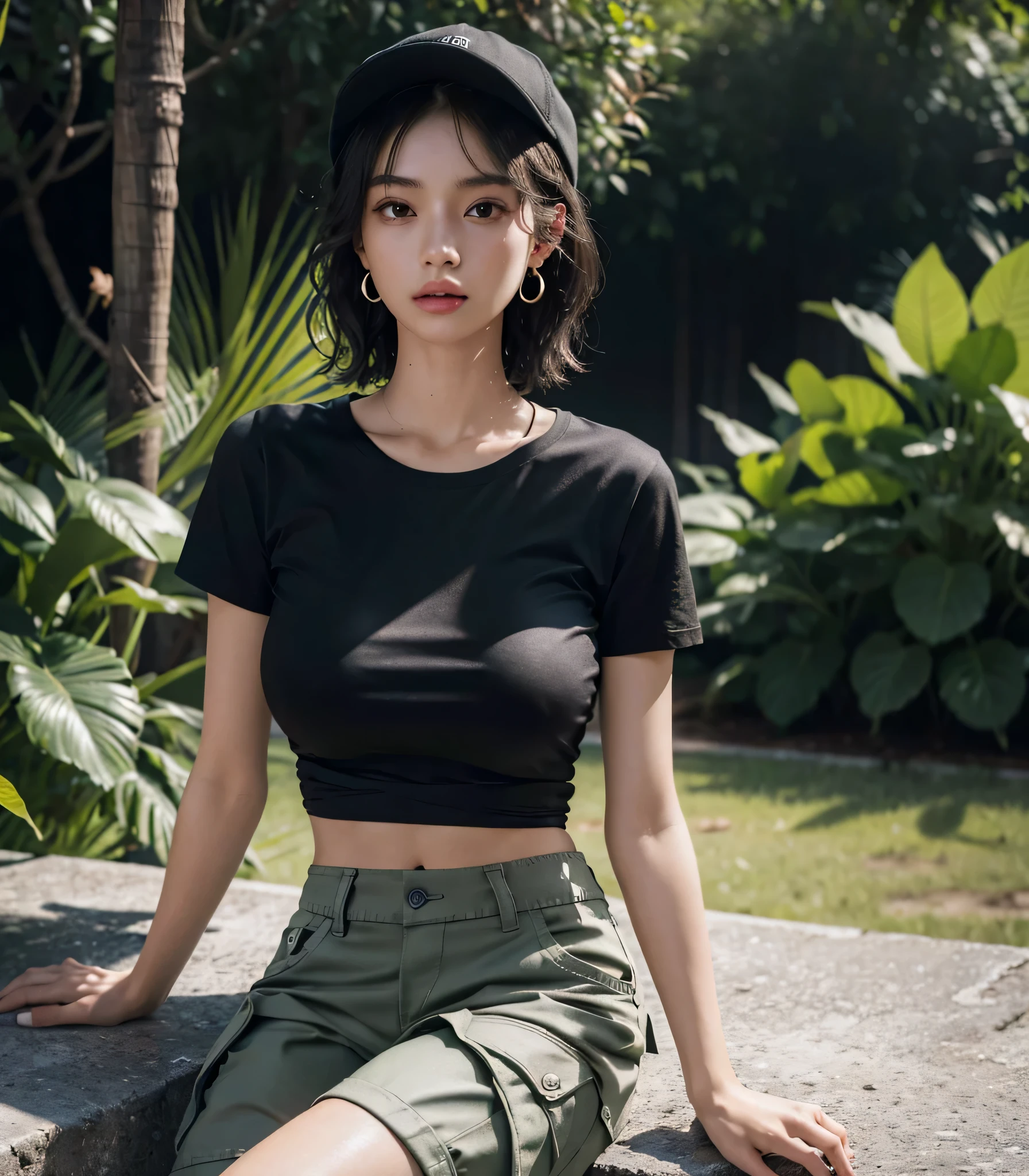 absurdres, RAW photo, extremely delicate and beautiful, masterpiece, Best Quality, ultra high resolution, 32k, hyperrealistic, ultra-detailed, (perfect anatomy:1.2), perfect figure, super Detailed skin, Very detailed CG 8k wallpaper, 30 years old, very Slim body, narrow waist, very small head, very small face, delicate facial features, tearful mole, earring, thin legs, (very huge round breasts:1.3), full body shot, (solo:1.3), short hair, (wavy hair:1.2), wet clothes, baseball cap, (black T-shirt:1.2), (baggy cargo shorts:1.2),