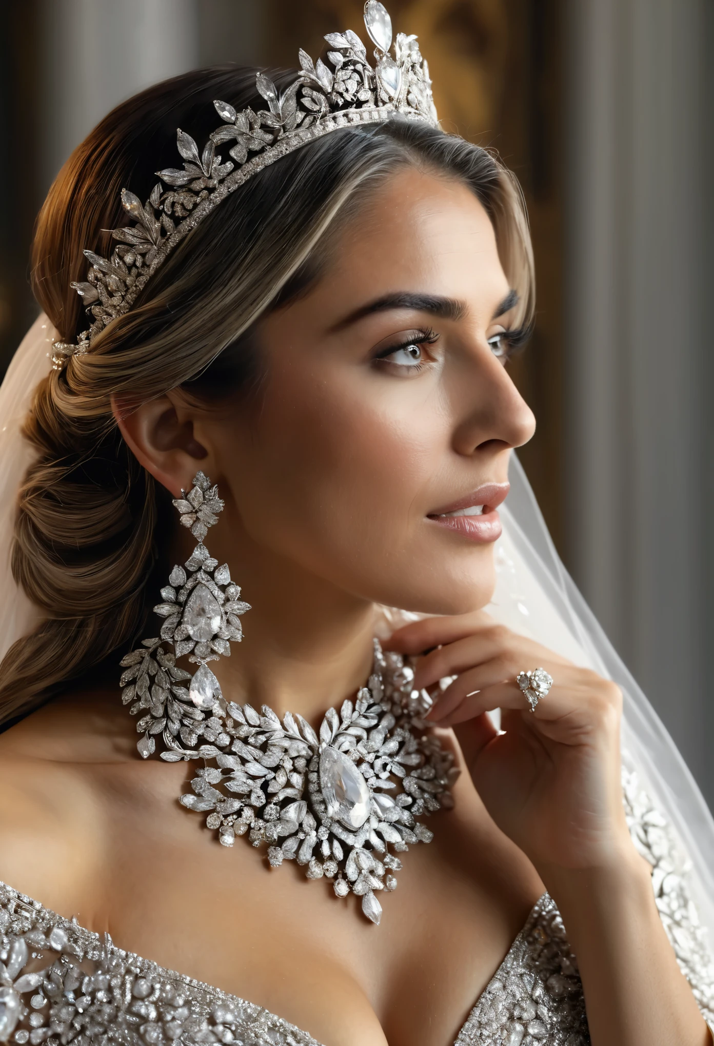 (Best Quality, 4K, 8K, High Resolution, Masterpiece: 1.2), (Super Detailed, Realistic, Photorealistic:1.37), A enchanting scene of a 20yo bride adorned with intricate jewelry, her long hair cascading over her shoulders. The background is a detailed crystal cluster, shimmering with white crystals that reflect the soft light. Her ears glisten with delicate earrings and a magnificent necklace adorns her neck, while a grand crown sits atop her graying hair. With a gentle hello, she captivates the heart in this breathtaking moment.
