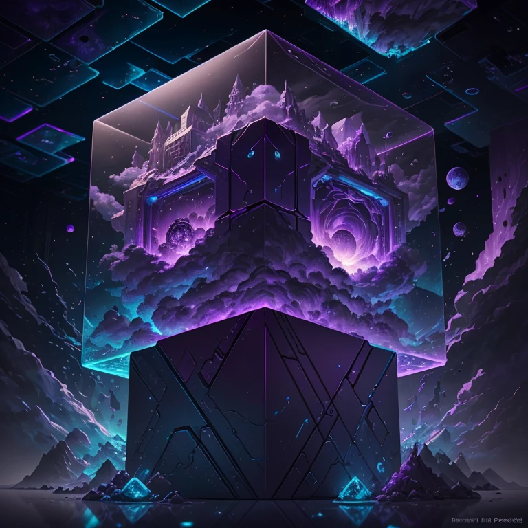 Bosch-style,a translucent cube traps eerie clouds,the starsscape warps,time distorts,surrealism reigns,stars,Glowing,sparkling, FI-2, 3-D, 3-D render, octane render, ray-tracing, unreal engine, octane render, redshift render, 8k, by Edgar Maxence and Ross Tran and Michael Whelan, Legends of Runeterra, futuristic and psychedelic, trending on (color cube _palette:violet:1.1), (color cube_palette:purple:1)