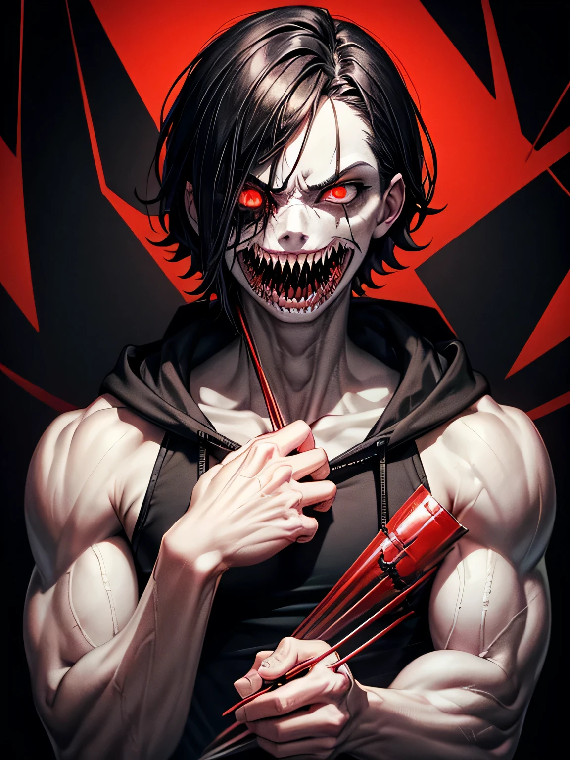 Masterpiece, 1boy, A young boy with white skin, short red hair, anime hair, hair up, straight hair, red hair hair, wavy hair, slin body, fitness body, strong body, raining, clouds, psychopath look, smiling psychopath, black clothes (black jacket and black jeans), sharp teeth, maniac face expression, holding flip knife, covered in blood, detailed picture background, detailed face, detailed hair and skin, detailed hands, detailed teeth