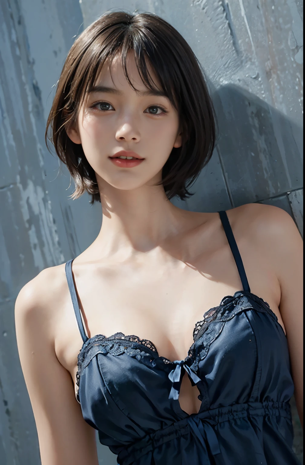 (A hyper-realistic), (illustratio), (hight resolution), (8K), (ighly detailed), (The best illustrations), (beatiful detailed eyes), (top-quality), (ultra-detailliert), (masterpiece), (wall-paper), (detailed face), drooing eyes,full of sweat,Upper body close-up,Armpit,short-hair,inner colored,solo,Girl in simple blue underwear, japanes, Colossal 、smile,