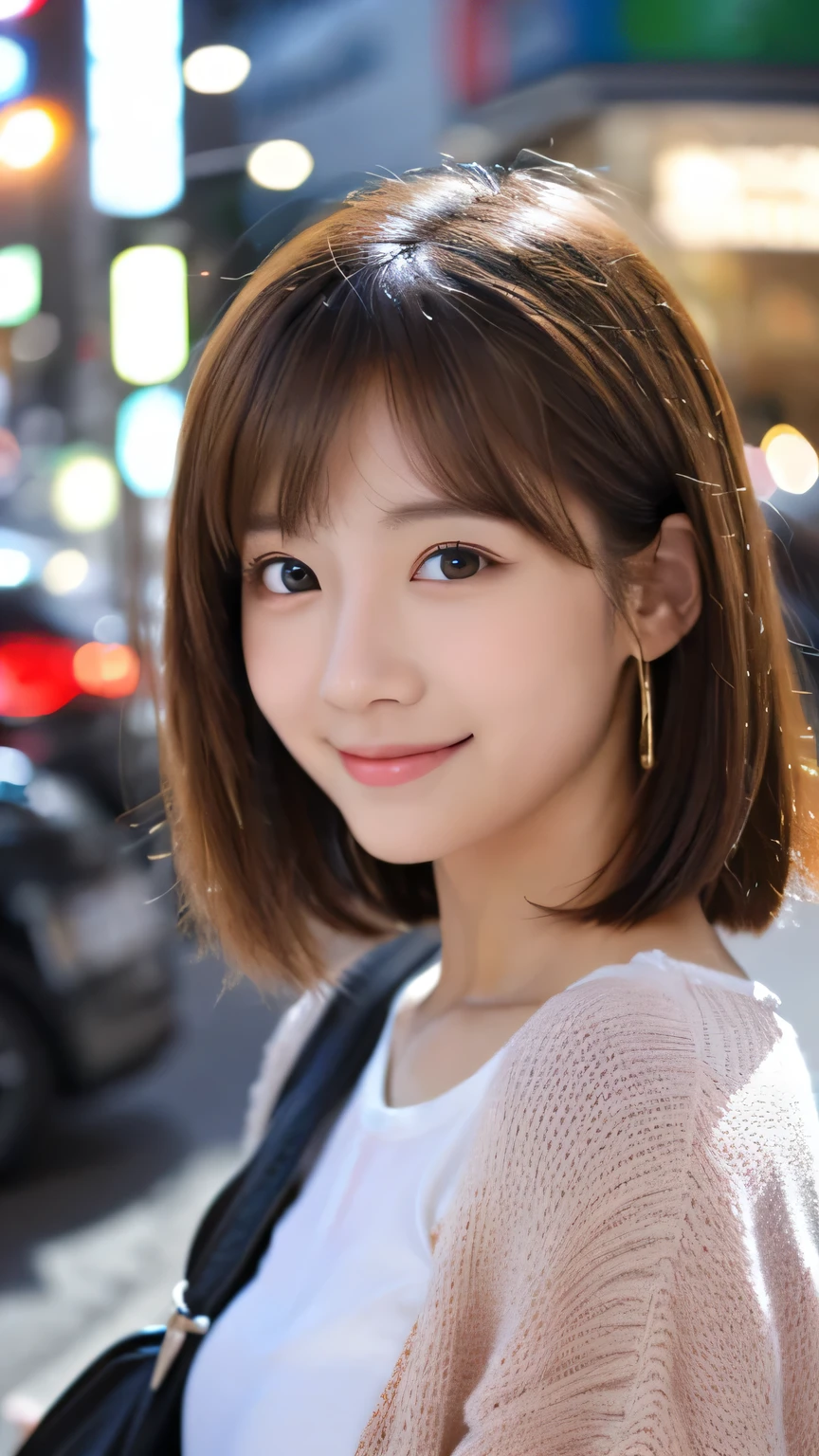 cute 21 year old japanese、city、shopping、super detail face、pay attention to details、double eyelid、beautiful thin nose、sharp focus:1.2、Beautiful woman:1.4、(light brown hair,short hair、),pure white skin、highest quality、masterpiece、ultra high resolution、(Photoreal:1.4)、Highly detailed and professional lighting、nice smile、show your whole body、cute spring clothes、