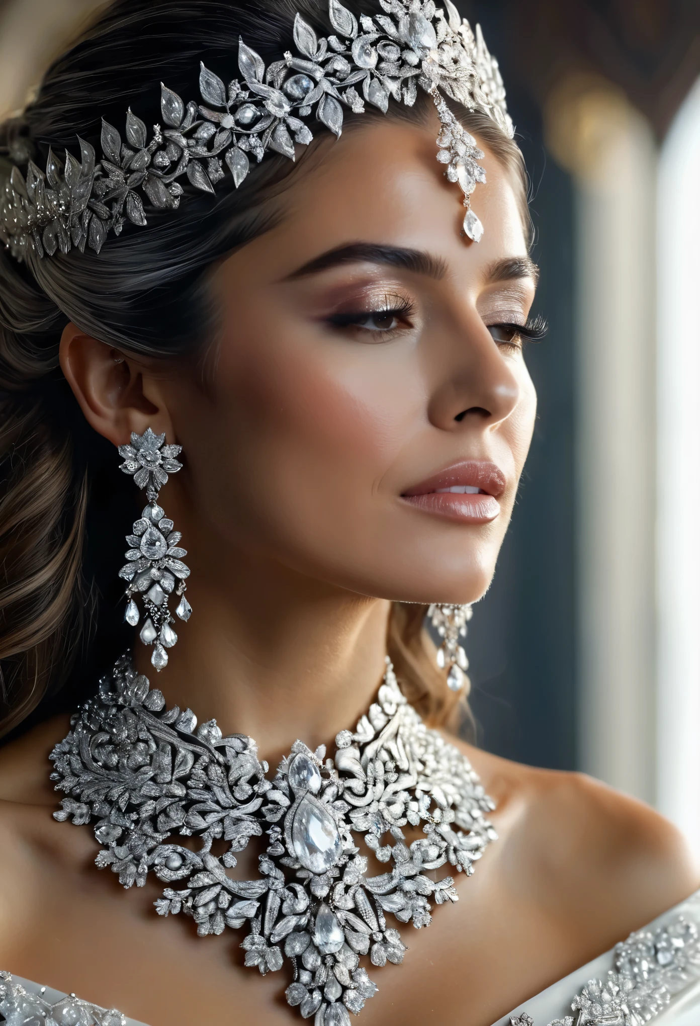 (Best Quality, 4K, 8K, High Resolution, Masterpiece: 1.2), (Super Detailed, Realistic, Photorealistic:1.37), A enchanting scene of a bride adorned with intricate jewelry, her long hair cascading over her shoulders. The background is a detailed crystal cluster, shimmering with white crystals that reflect the soft light. Her ears glisten with delicate earrings and a magnificent necklace adorns her neck, while a grand crown sits atop her graying hair. With a gentle hello, she captivates the heart in this breathtaking moment.