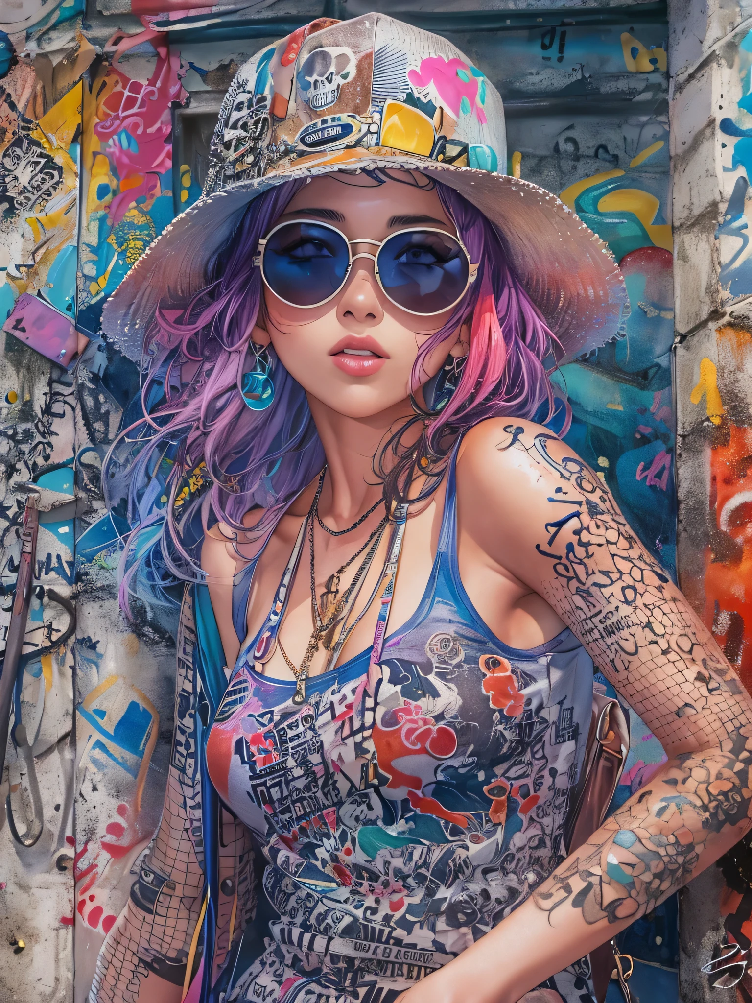 8K quality, watercolor painting, stylish design, (((The strongest beautiful girl of all time))), gal, Stylish sunglasses, Fashionable hats, (((highest quality))), bob hair, put your hand on the wall, HDR, Detailed details, skull fashion, detailed clothing texture, (((graffiti art))), colorful hair, ((masterpiece))、((Super detailed))