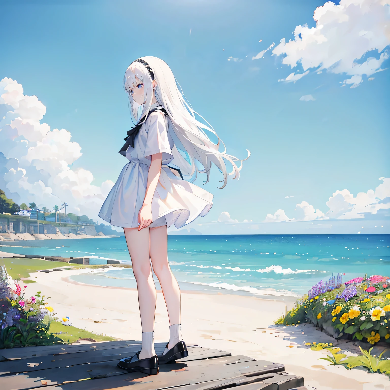 white hair，long hair，Bangs，Bangs neatly，gray eyes，black headband，girl，cute，short sleeve shorts，small leather shoes，full-body shot，Side view of the whole body，Standing on the ground seaside garden，many flowers，beach，Background blue sky and white clouds