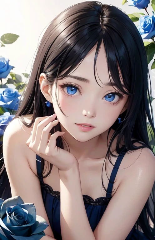 masterpiece、highest quality、High resolution、high quality images、8K, 1 female、skin luster、Texture of skin and clothing、Expression of fine eyes、shiny black hair,long hair girl, Manga inspired by Lee Jong-suk, trending on deviantart, realism, detailed manga style, manga art style, perfect line drawing, beautiful line drawing, digital manga art girl, K-POPアイドル, dress, beautiful blue eyes, plump lips, detailed gorgeous face, (cute smile), charm, innocent, Side view, (perfectly detailed face), (fine hands) photorealistic images, Depth of written boundary, half up hairstyle, 華やかなモーニングdress , corolla , cloud,sky sky,night ,star, garden,Rose,The skin is delicate,建物の前にはBlue Roseが咲いている, rose background, rosette, beautiful flower garden, Pastel Roses, blue flowers, beautiful and aesthetic, Heavenly Blue, beautiful aesthetics, Pale blue shade, shades of blue, lying on a rose, rose background, pastel overflow, Blue Rose
