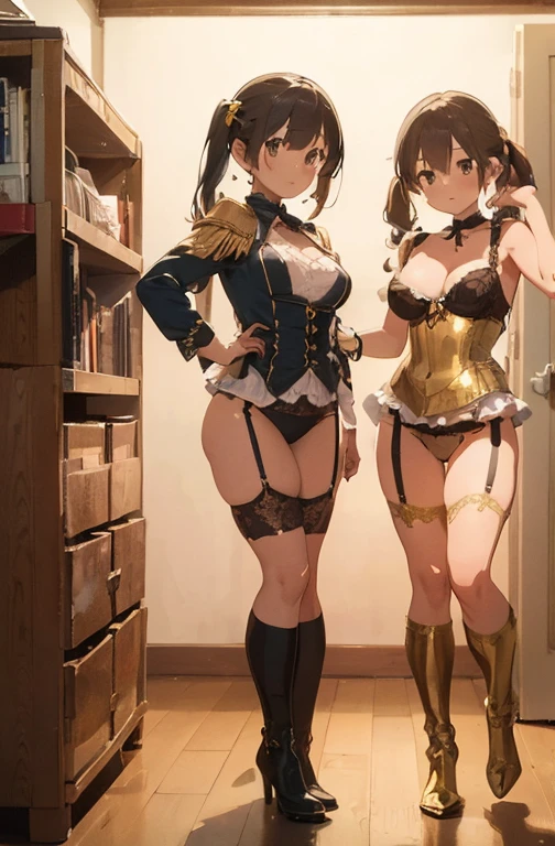 (masterpiece:1.8),(highest quality:1.8),(Super detailed:1.8),(8K:1.8),(Ultra-fine illustration:1.5),cute single woman,2 people,skinny,small ass,Br and red braided twin tails,flat chest,small breasts,(etallic gold lingerie,Delicate lace panties),,Gold Carter,choker,Gold Long Gloves,Gold Long Boots,,(Pose side by side:1.5),stand,(Trying on clothes with friends in the room),full body angle,