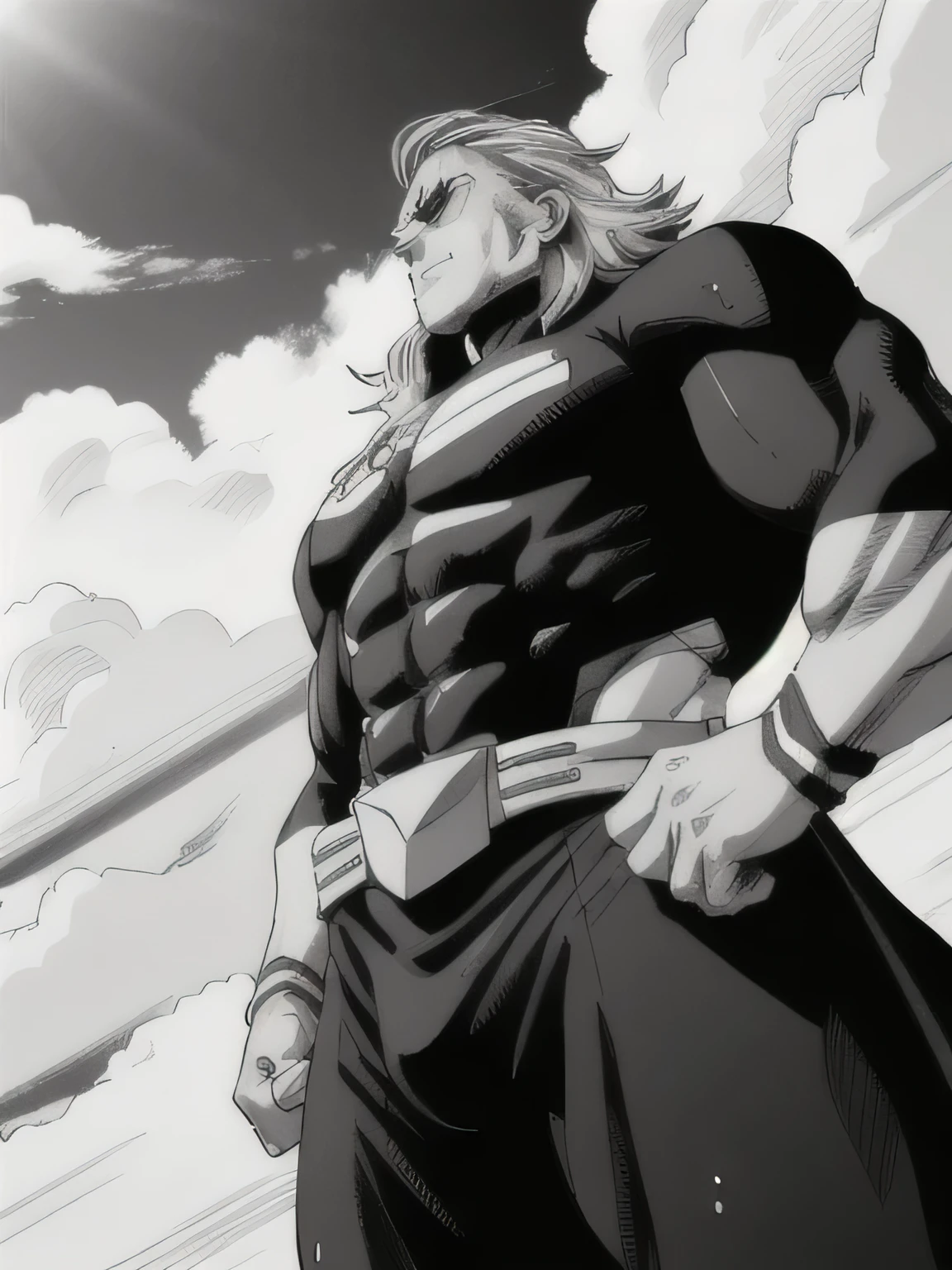 best quality, high resolution, manga, monochrome, handwritten style, allmight, black bodysuit, hunk, wet clothes, from below, arms folded,