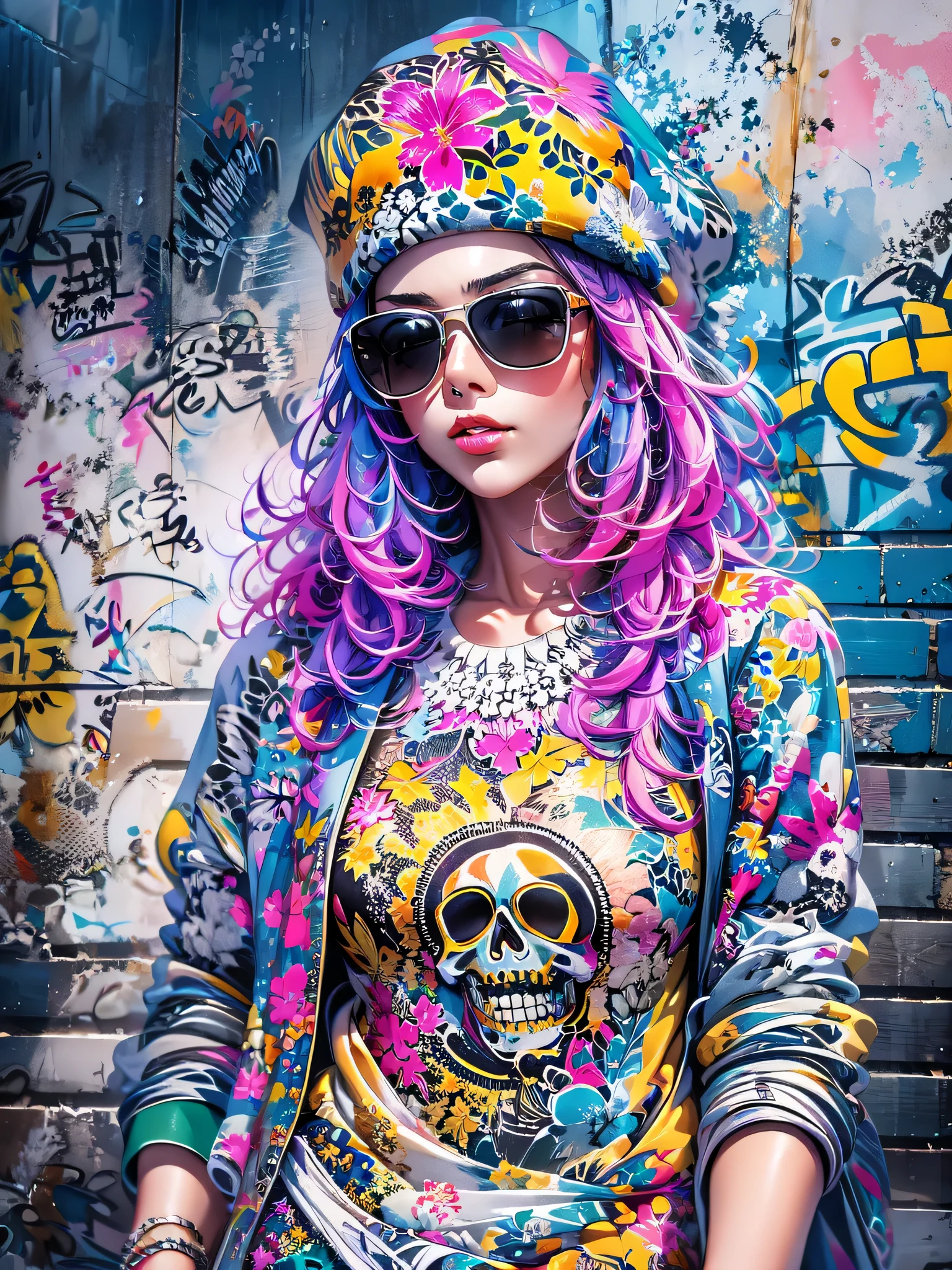 8K quality, watercolor painting, stylish design, (((The strongest beautiful girl of all time))), gal, Stylish sunglasses, Fashionable hats, (((highest quality))), bob hair, put your hand on the wall, HDR, Detailed details, skull fashion, detailed clothing texture, (((graffiti art))), colorful hair, ((masterpiece))、((Super detailed))