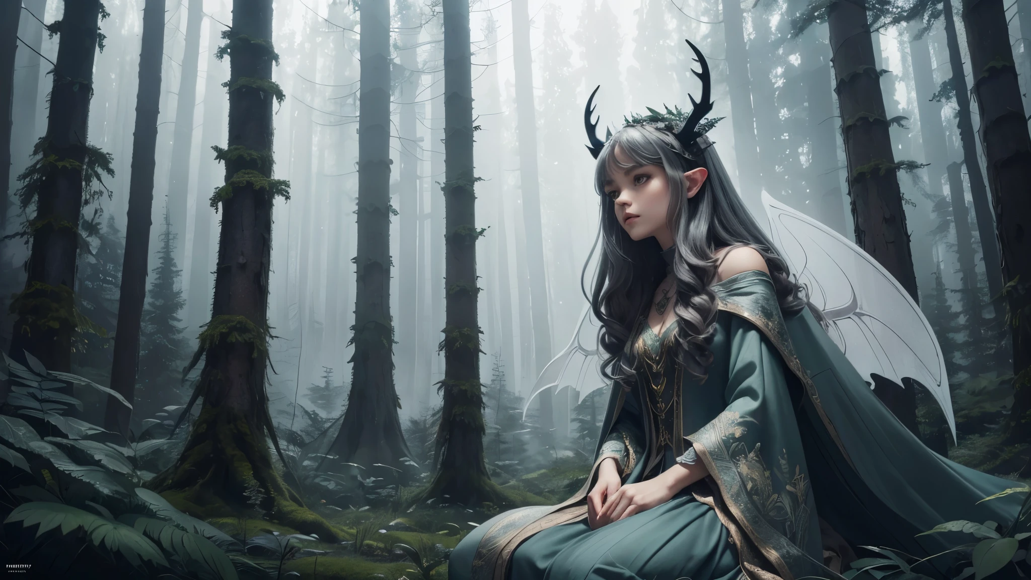 stylized, full body image, tiny princess of the forest with faerie wings and small curved horns sitting in a forest clearing, torn cloak, leaf dress (masterpiece), (best quality), (ultra detailed), (absurdres), (highres), (official art:1.4), (illustration:1.4), (distinct image:1.2),(delicate illustration: 1.2), 8k,(detailed face:1.3), (highlights in eyes:1.3), (detailed hair:1.3), (detailed skin:1.3), dark, mystical scandinavian forest (misty 1.9), looming trees, dark, moody, stylized, white background with one color ink stains, art by Alternity77, drawing stroke made with Rottring 0.5mm pen, perfect drawing lines. 8k Wallpaper, highly detailed, muted colors, subtle colors, myhtic,