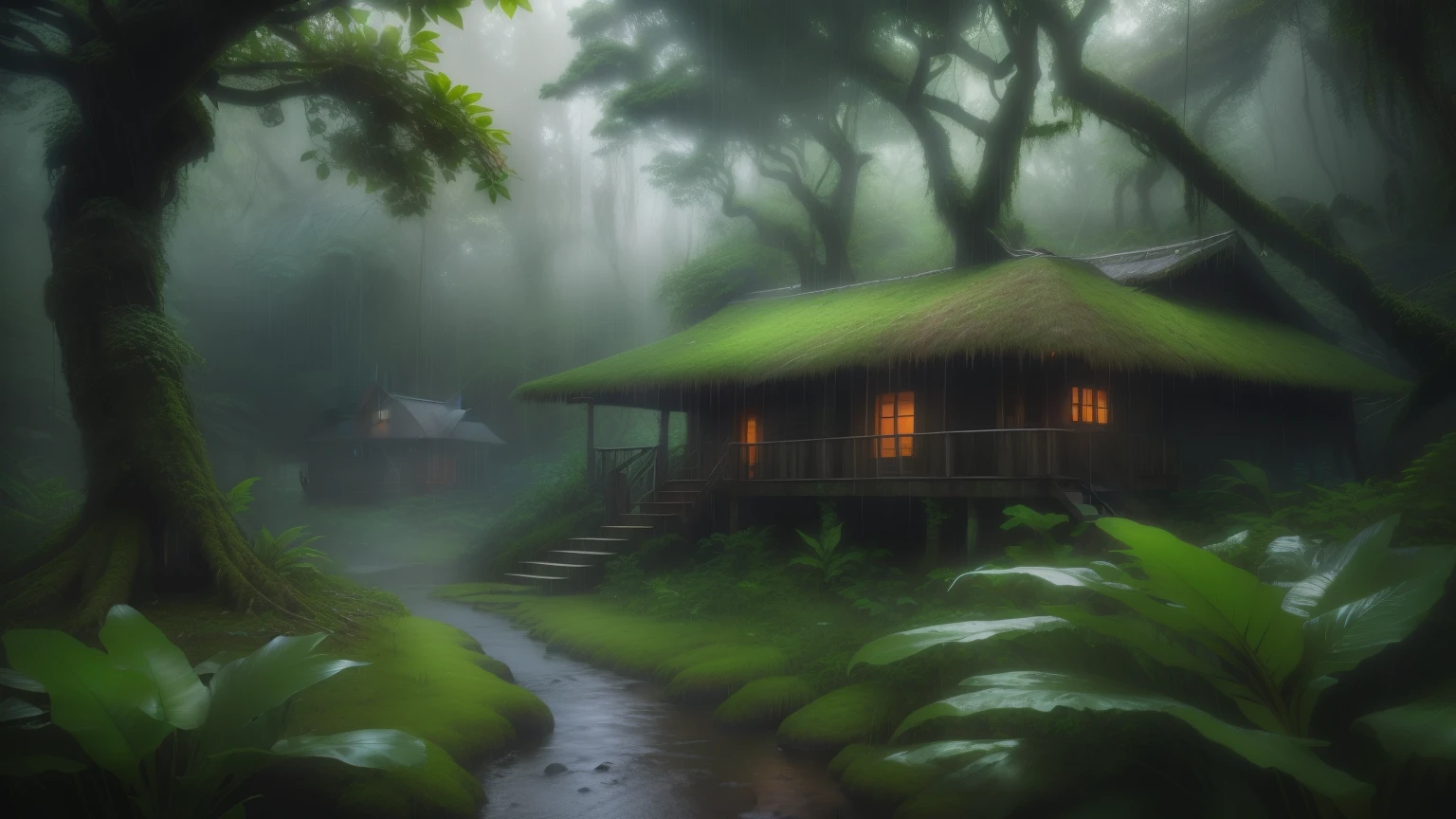there is a small cabin in the middle of a forest, house in forest, cottage in the forest, wet lush jungle landscape, monsoon on tropical island, beautiful house on a forest path, fantasy jungle, realistic fantasy render, foggy jungle, cottage in the woods, rainy day. game render, witch cottage in the forest, solitary cottage in the woods