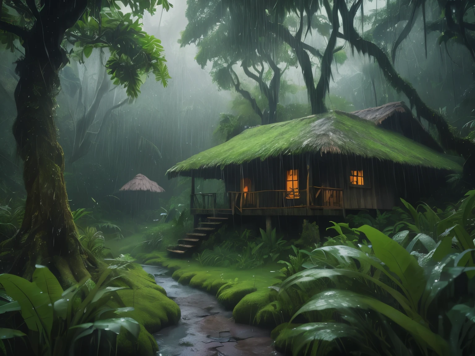 there is a small cabin in the middle of a forest, house in forest, cottage in the forest, wet lush jungle landscape, monsoon on tropical island, beautiful house on a forest path, fantasy jungle, realistic fantasy render, foggy jungle, cottage in the woods, rainy day. game render, witch cottage in the forest, solitary cottage in the woods