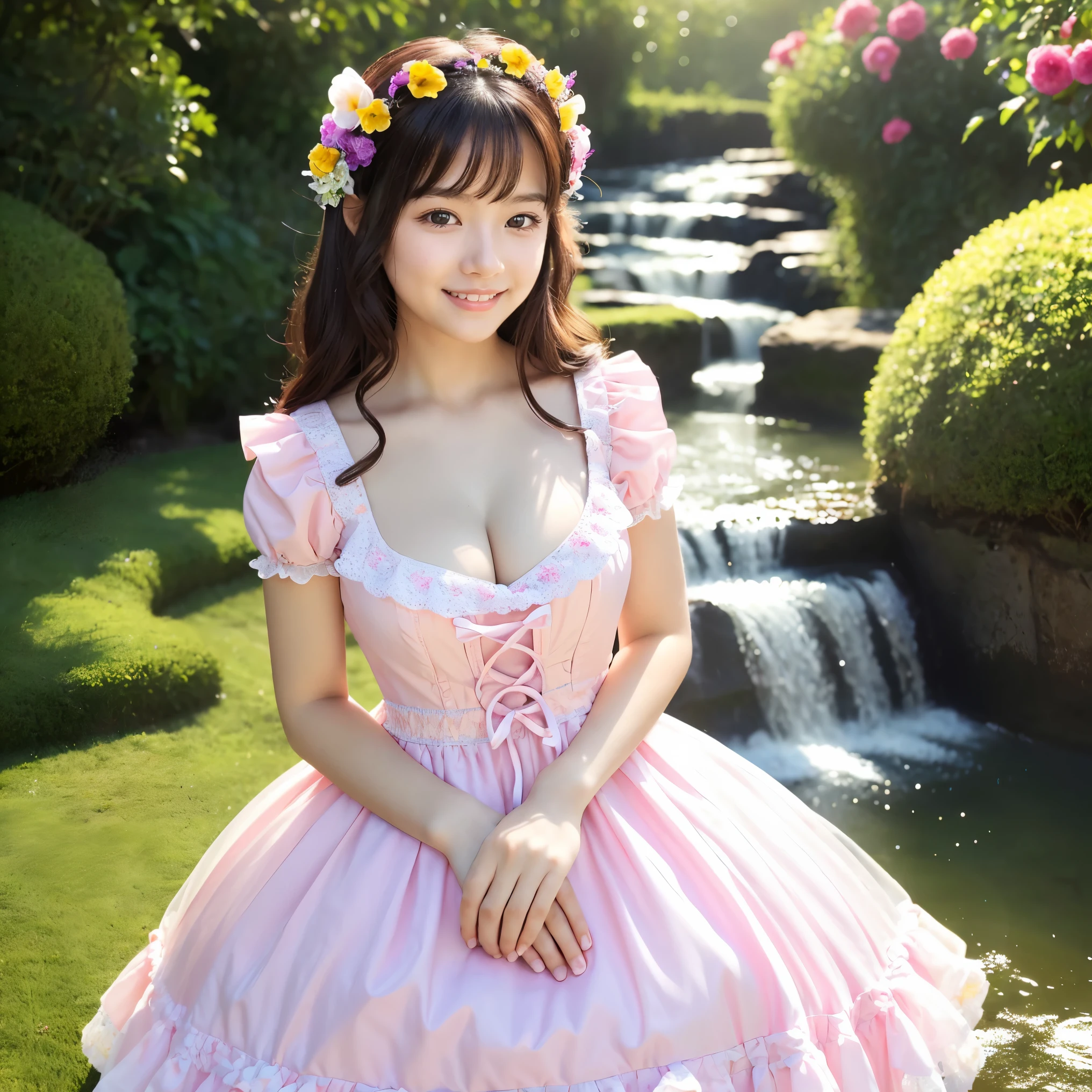 (highest quality、masterpiece、8K、best image quality、hyper realism、Award-winning work)、(Cut Lolita girl:1.1)、(very young 12 yearaby face:1.1)、(1 person:1.1)、1.1)、(Cute transparent multiple pastel color lolita dress:1.2)、(Cute girly big ribbon:1.1)、(A perfect pastel colored Lolita dress with great attention to detail:1.1)、A dress with cute frills and ribbons、Lace decoration、Cute girly fluffy wavy hair、low length、Height: 140cm、pink rose、Lots of cute frills、big cute ribbon、emphasize body line、(very big breasts:1.1)、(big cleavage:1.1)、glamorous body、Standing gracefully、(Colorful flower fields in a fairytale heaven:1.2)、(A beautiful haven inspired by the Garden of Eden:1.3)、(A huge variety of vibrant flowers:1.2)、(A treasure trove of mysterious and beautiful nature:1.2)、(Fantastic Heaven:1.3)、(Perfectly recreates the atmosphere of heaven:1.2)、(Beautiful mystical waterfall:1.3)、epic movie lighting、Tyndall effect、(Mysterious beautiful fog:1.1)、(very bright and vivid:1.1)、A girl standing gracefully、accurate anatomy、perfect makeup、long eyelashes、glossy lips、Ultra high definition glossy skin、(Ultra-high definition bright and beautiful skin:1.1)、(Super bright and radiant skin:1.1)、超高精細のglossy lips、Super high definition beautiful teeth