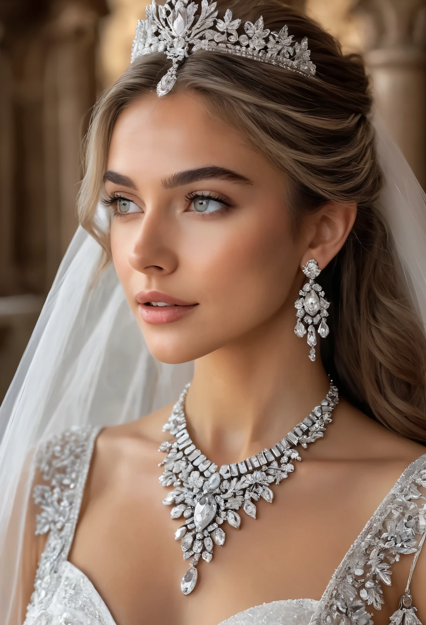 (Best Quality, 4K, 8K, High Resolution, Masterpiece: 1.2), (Super Detailed, Realistic, Photorealistic:1.37), A enchanting scene of a 20yo bride adorned with intricate jewelry, her long hair cascading over her shoulders. The background is a detailed crystal cluster, shimmering with white crystals that reflect the soft light. Her ears glisten with delicate earrings and a magnificent necklace adorns her neck, while a grand crown sits atop her graying hair. With a gentle hello, she captivates the heart in this breathtaking moment.