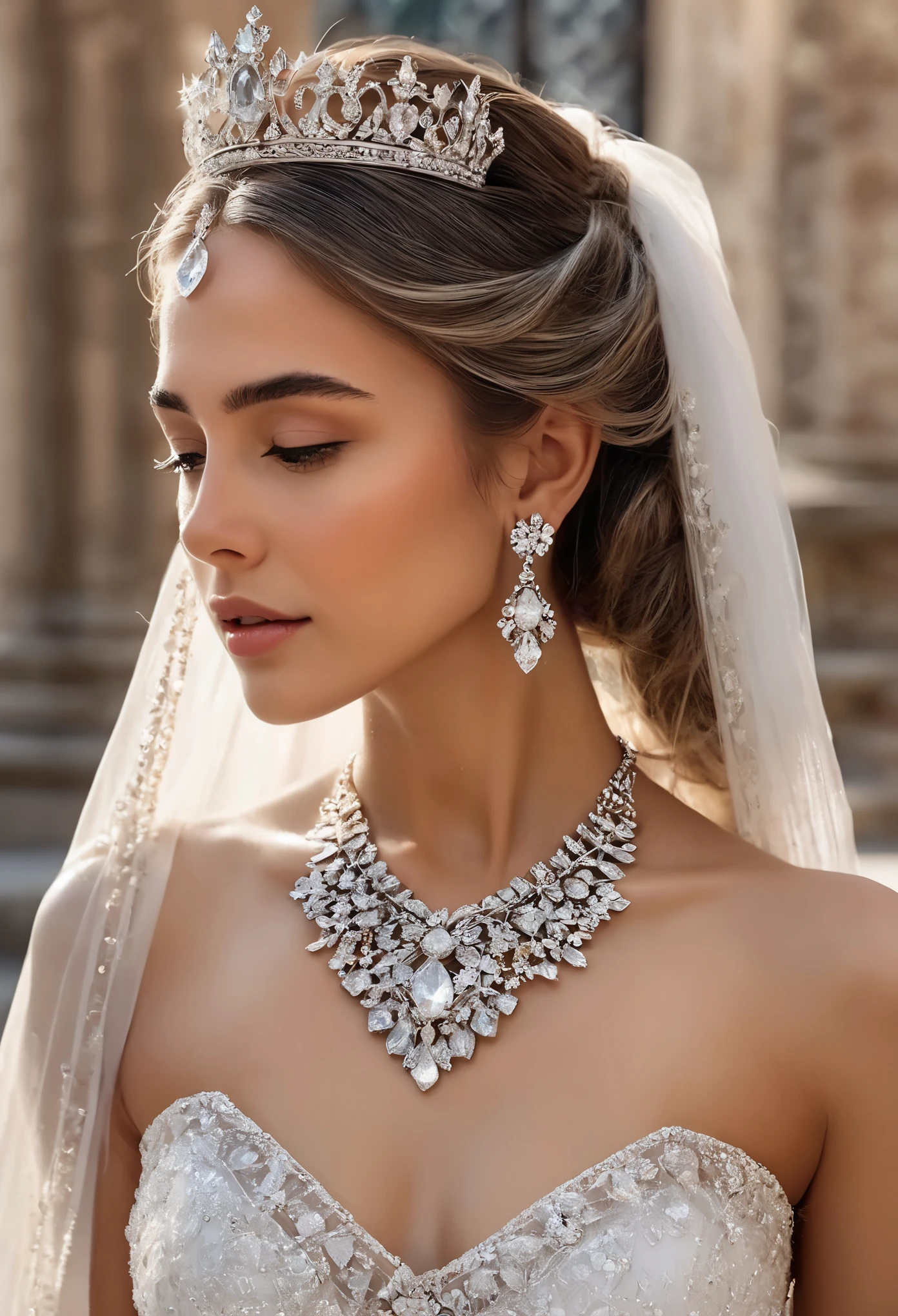 (Best Quality, 4K, 8K, High Resolution, Masterpiece: 1.2), (Super Detailed, Realistic, Photorealistic:1.37), A enchanting scene of a 20yo bride adorned with intricate jewelry, her long hair cascading over her shoulders. The background is a detailed crystal cluster, shimmering with white crystals that reflect the soft light. Her ears glisten with delicate earrings and a magnificent necklace adorns her neck, while a grand crown sits atop her graying hair. With a gentle hello, she captivates the heart in this breathtaking moment.