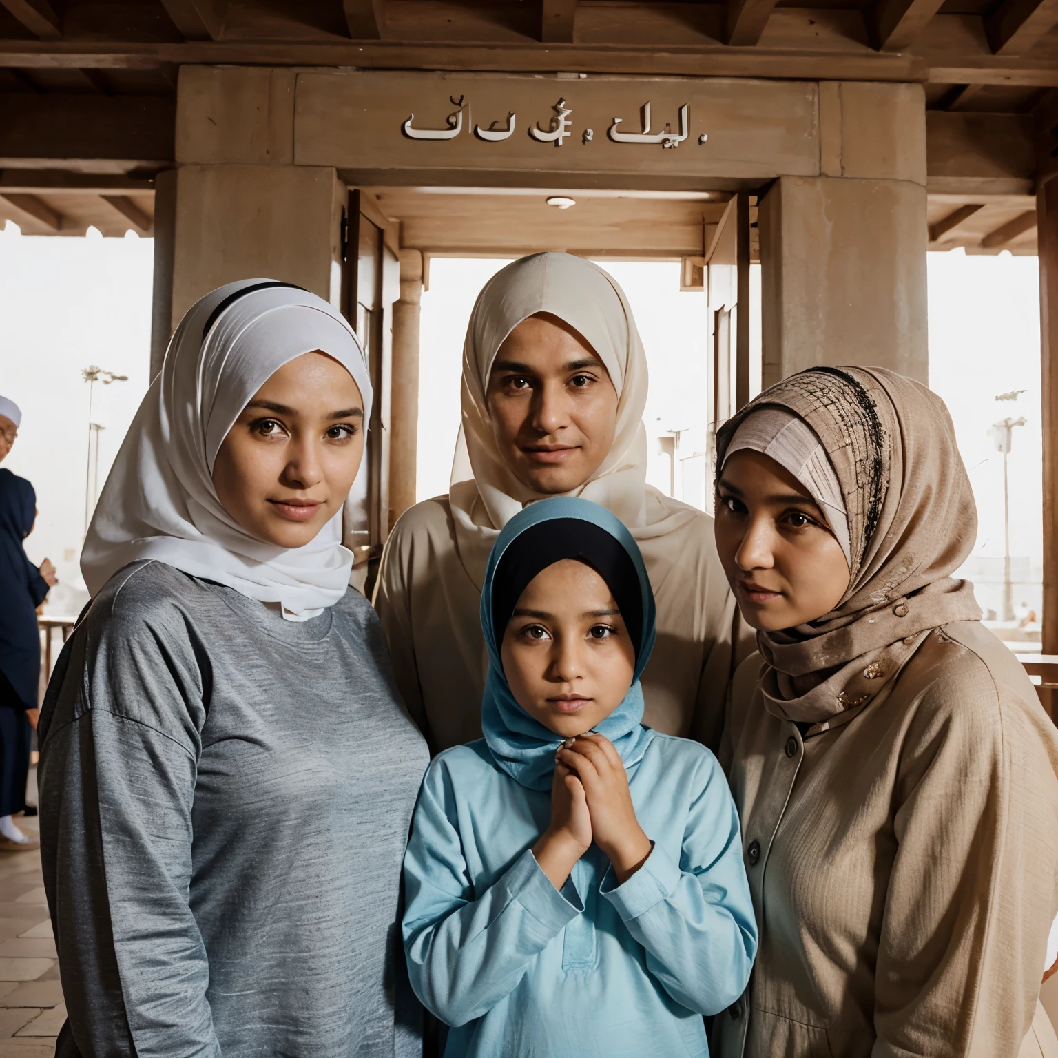 Muslim women in a mosque with her children waiting in patient for her husband. Realistic and cheerful.