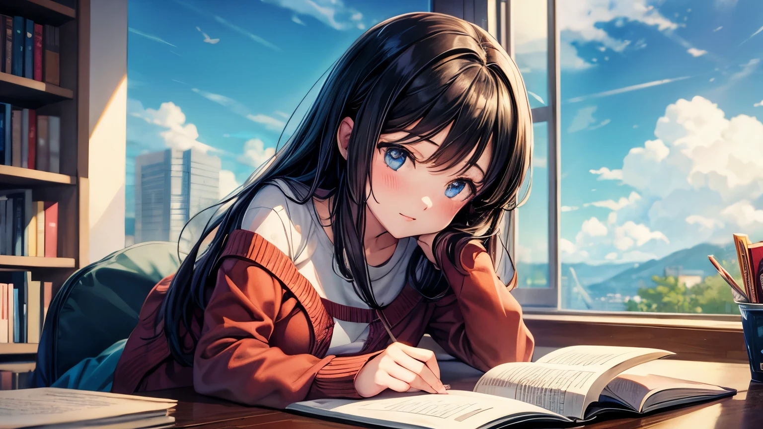 Anime style illustration of a girl reading a book