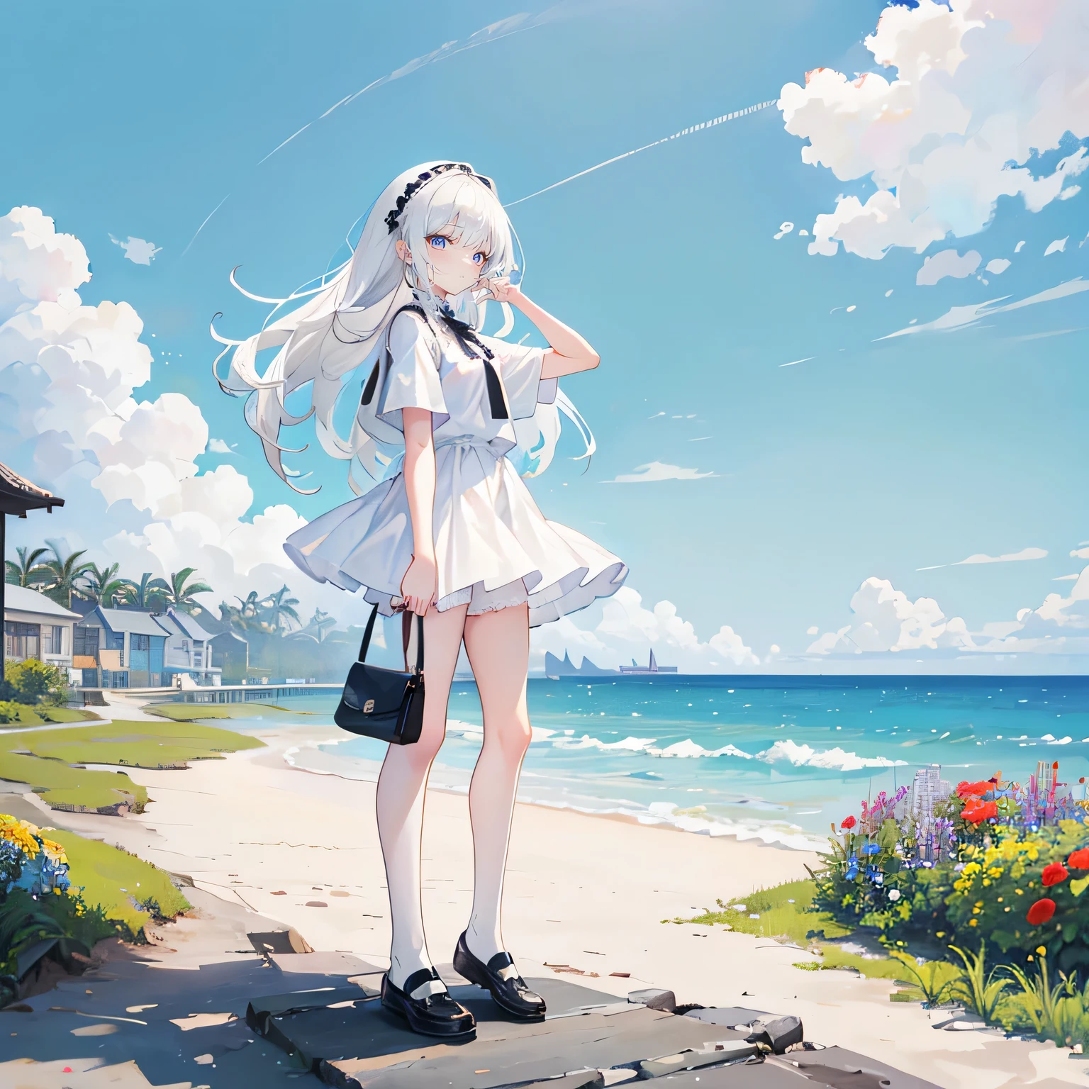 white hair，long hair，Bangs，Bangs neatly，gray eyes，black headband，girl，cute，short sleeve shorts，small leather shoes，full-body shot，Side view of the whole body，Standing on the ground seaside garden，many flowers，beach，Background blue sky and white clouds