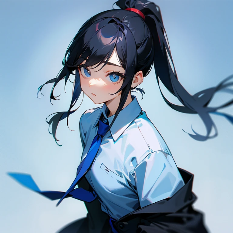 woman、black hair、ponytail、blue tie、suit