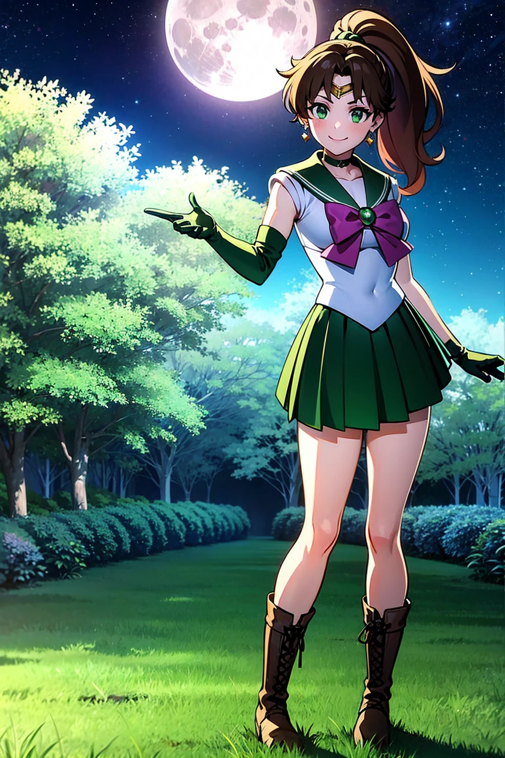 best quality, masterpiece, sailor jupiter, purple bow,green elbow gloves, bangs, brown ponytail, gold circlet, jewelry, earrings, green skirt, boots, looking at viewer, smiling, happy, mouth open, 
standing, cute pose, outside, park, trees, night, full moon, stars and space,  extreme detail, HDR, beautiful quality, analog, 