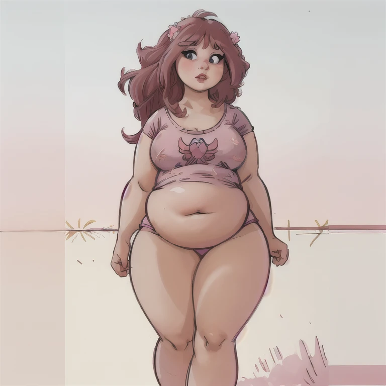 (((Masterpiece))), ((highres)), ((high qualirt)), ((detailed)), beautiful, chubby girl in pink pajamas with ultra pear shape waddling while walking, very thicc thighs and wide hips, very big lower body and booty