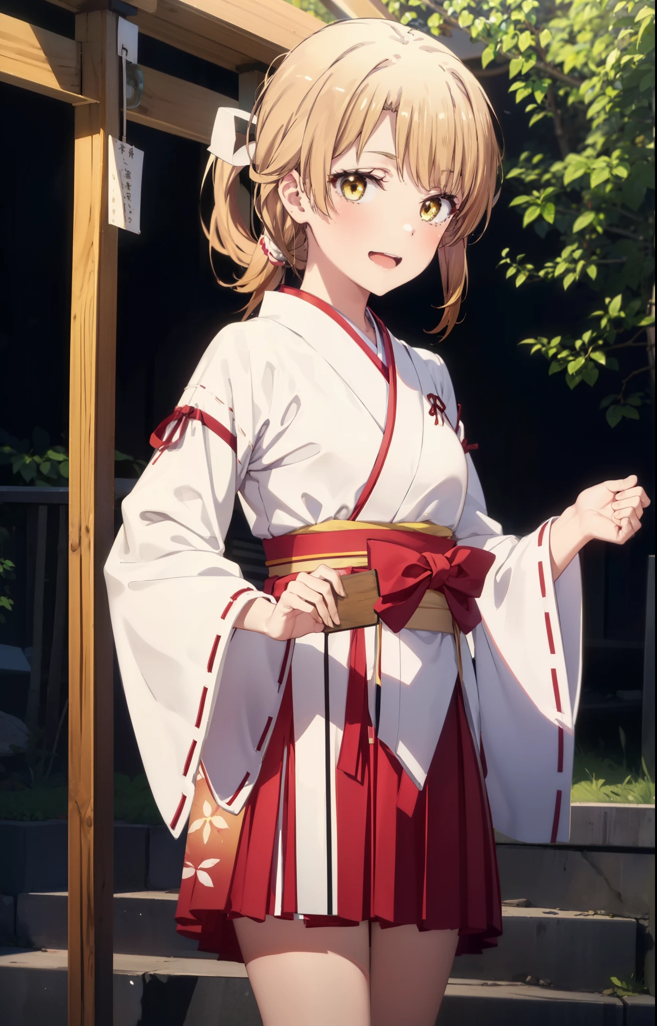 irohaisshiki, iroha isshiki, long hair, brown hair, (brown eyes:1.5), low ponytail,Short braided hair happy smile, smile, open your mouth,Platycodon,Miko, white kimono, red hakama,kimono, white foot bag,Zori sandals,same as skirt, wide sleeve, long sleeve, ribbon trim sleeves,
looking at the viewer, Are standing,
very long hair, dull bangs, low ponytail,
break outdoors, shrine,torii,
break looking at viewer,whole body, (cowboy shot:1. 5)
break (masterpiece:1.2), highest quality, High resolution, unity 8k wallpaper, (shape:0.8), (fine and beautiful eyes:1.6), highly detailed face, perfect lighting, Very detailed CG, (perfect hands, perfect anatomy),