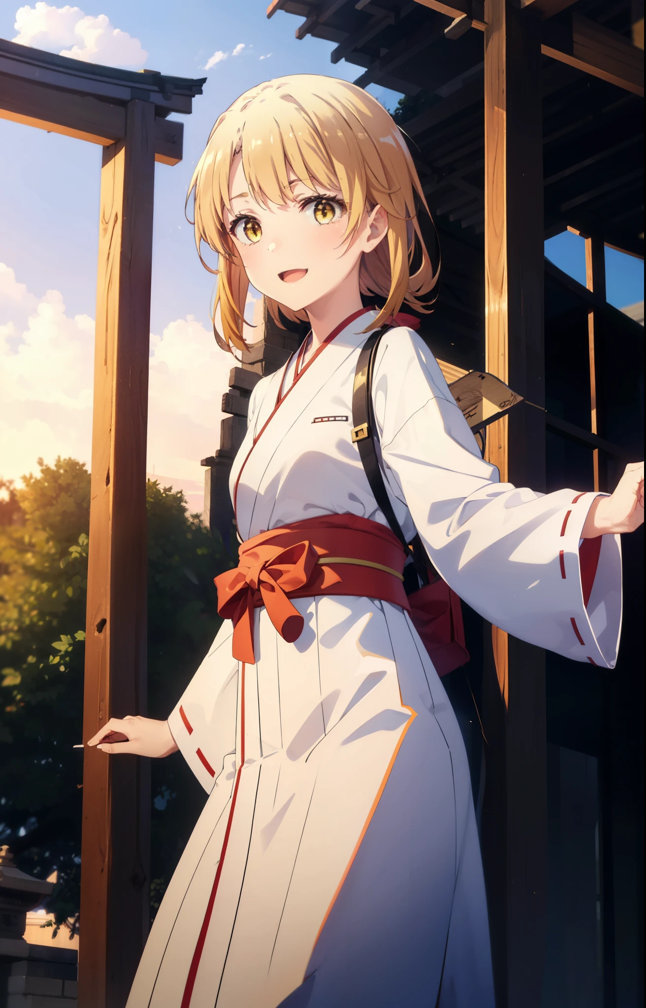 irohaisshiki, iroha isshiki, long hair, brown hair, (brown eyes:1.5), low ponytail,Short braided hair happy smile, smile, open your mouth,Platycodon,Miko, white kimono, red hakama,kimono, white foot bag,Zori sandals,same as skirt, wide sleeve, long sleeve, ribbon trim sleeves,
looking at the viewer, Are standing,
very long hair, dull bangs, low ponytail,
break outdoors, shrine,torii,
break looking at viewer,whole body, (cowboy shot:1. 5)
break (masterpiece:1.2), highest quality, High resolution, unity 8k wallpaper, (shape:0.8), (fine and beautiful eyes:1.6), highly detailed face, perfect lighting, Very detailed CG, (perfect hands, perfect anatomy),