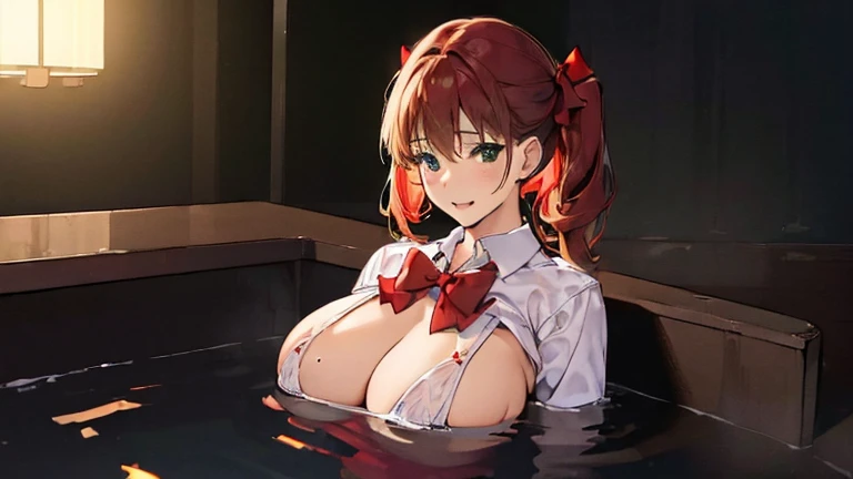 (in the dark:1.6) , Soak in hot tub, school girl Soak in an dark bathroom hot tub , red knot , red bow , white Shirt , big breasts , big tits