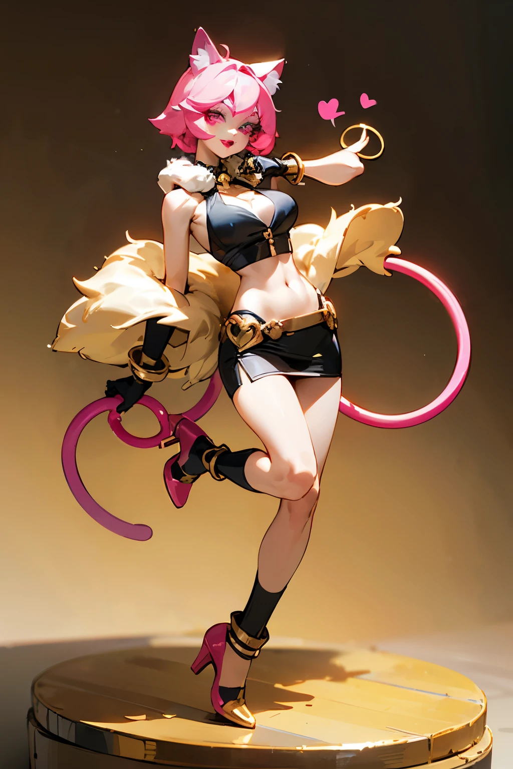 ((girl 18 years old mouth like a cat, pink hair beautiful makeup, big red hoop in the shape of cat ears)), ((she is wearing a black tank top, short gold skirt, black leg warmers and pink heels, long purple gloves, she has a pendant with a heart hanging around her neck and has golden fur on her shoulders, large gold bracelets on hands)), ((very tall ideal figure with medium breasts and hips))