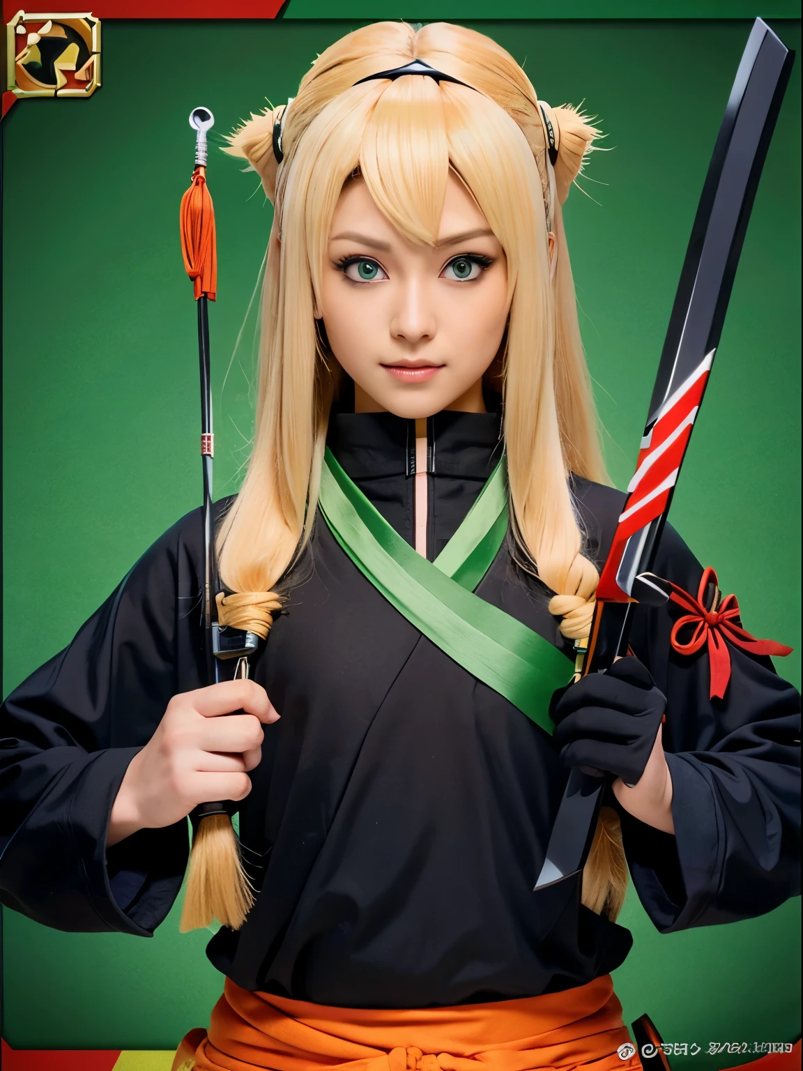 Character “Kunoichi” from the “Ninja Warriors: Once Again” video game. Wearing a red ninja uniform. Character has long blonde hair. Character is holding a ninja dagger in one hand and a katana in the other hand. Character has light emerald colored eyes.