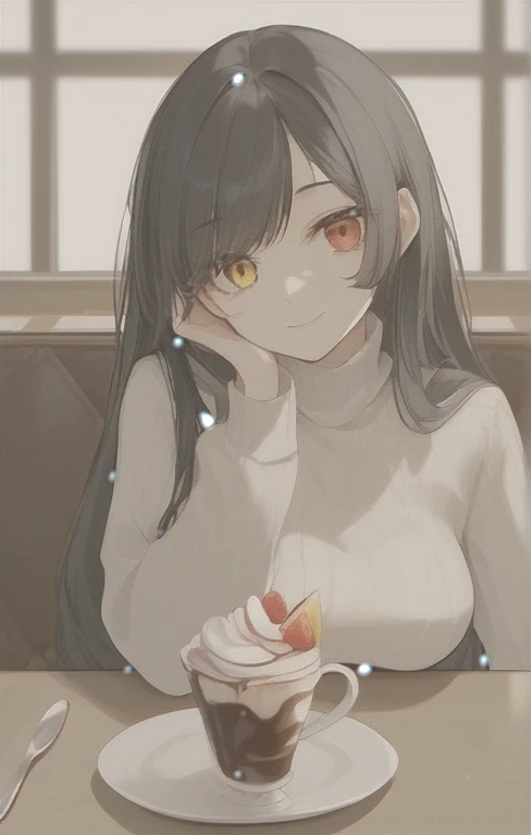 score_9,score_8_up,score_7_up,source_anime,1girl,solo,KurumiBase,clock eyes,red eye,yellow eye,heterochromia,black hair,
medium breasts,turtleneck sweater,long hair,
CONCEPT_PovDating_ownwaifu,pov dating,pov across table,cup,smile,window,looking at viewer,upper body,indoors,cafe,spoon,sitting,teacup,parfait,food,ice cream,chair,saucer