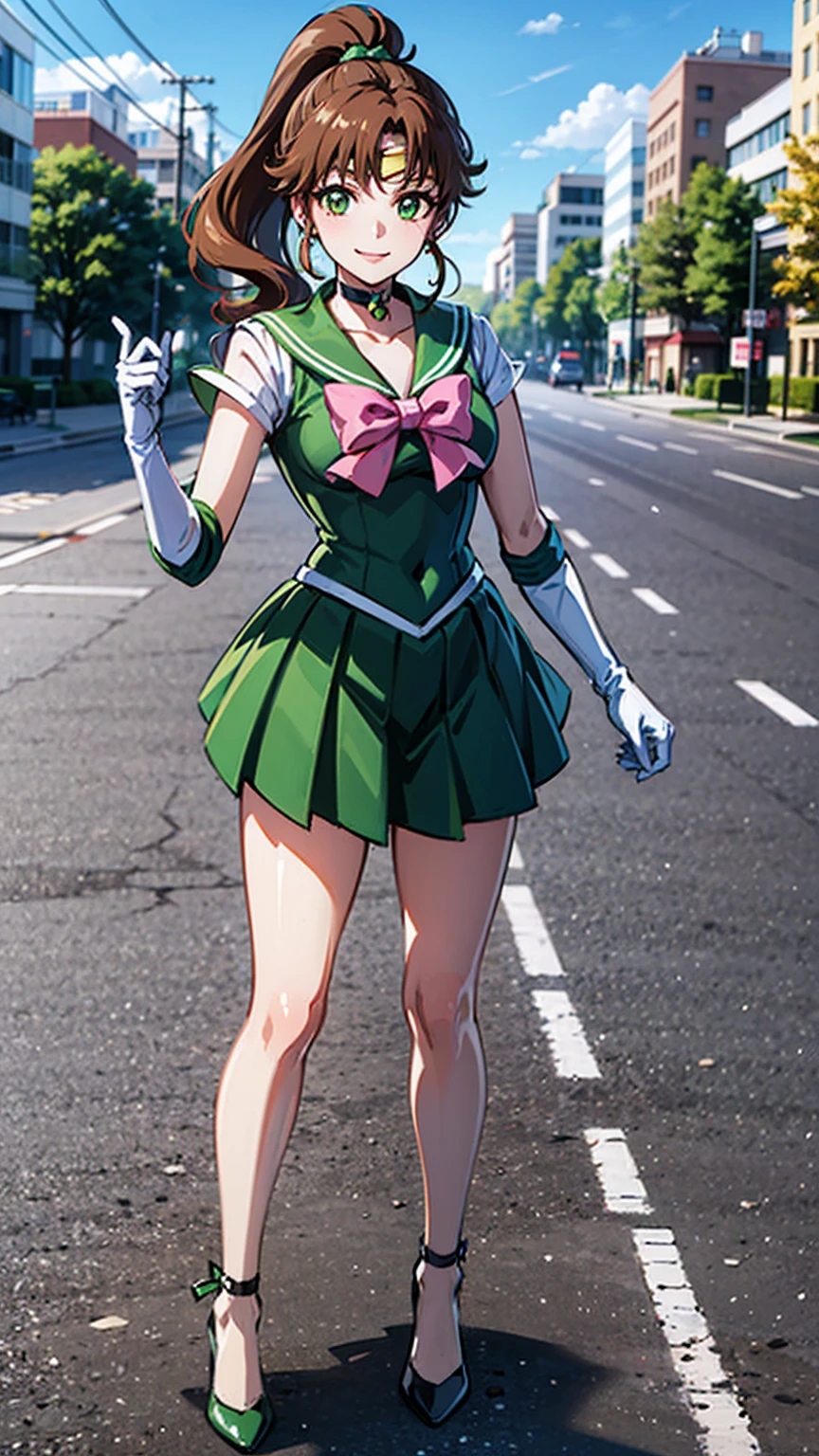 best quality, masterpiece, sailor_jupiter, brown ponytail, green eyes, pink bow, white gloves, choker, circlet, looking at viewer, smiling, medium shot, 
standing, outside, city, street, blue sky, extreme detail, hdr, beautiful quality, 