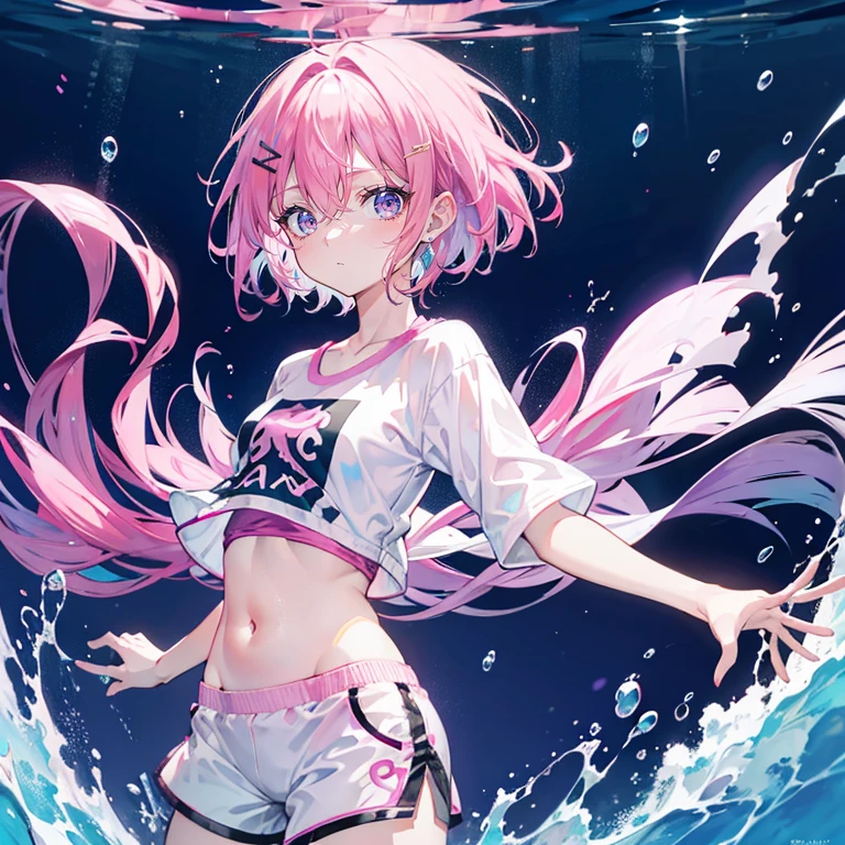 pink hair，purple eyes，short hair，sister head，earring ，Two black hairpins，one-piece swimsuit，whole body，The background is the bottom of the sea，Underwater world