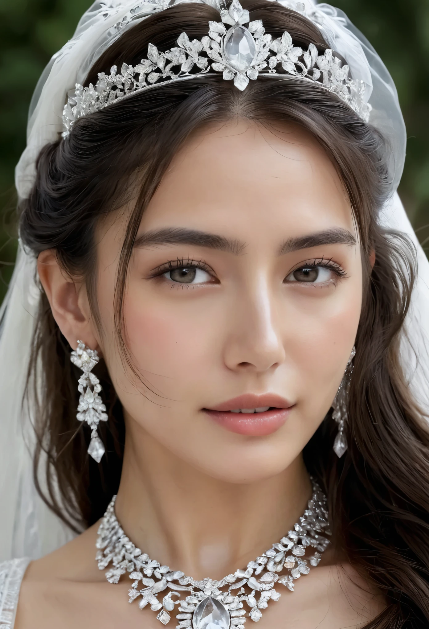 (Best Quality, 4K, 8K, High Resolution, Masterpiece: 1.2), (Super Detailed, Realistic, Photorealistic:1.37), A enchanting scene of a 20yo bride adorned with intricate jewelry, her long hair cascading over her shoulders. The background is a detailed crystal cluster, shimmering with white crystals that reflect the soft light. Her ears glisten with delicate earrings and a magnificent necklace adorns her neck, while a grand crown sits atop her graying hair. With a gentle hello, she captivates the heart in this breathtaking moment.