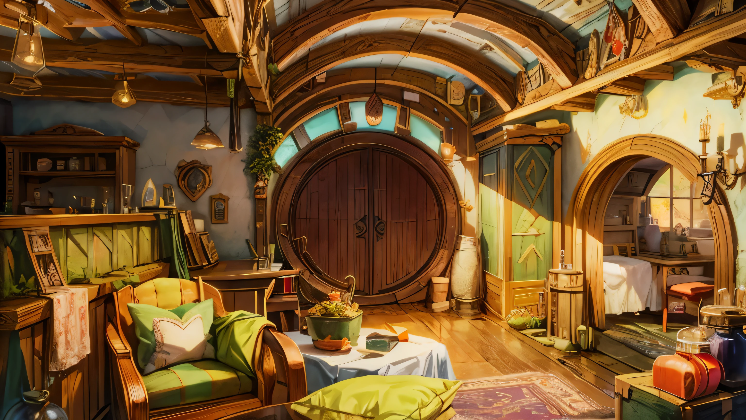 there is a room with a lot of furniture and a big door, interior of a hobbit hole, fantasy Tavern background, interior background art, In his hobbit home, Fantasy bakery interior setting, Detailed game art illustration, fairy tale style background, hobbit hole, background artwork, Game illustration, background art, fantasy alchemist's laboratory, Detailed game art, Tavern background, House of the Elves