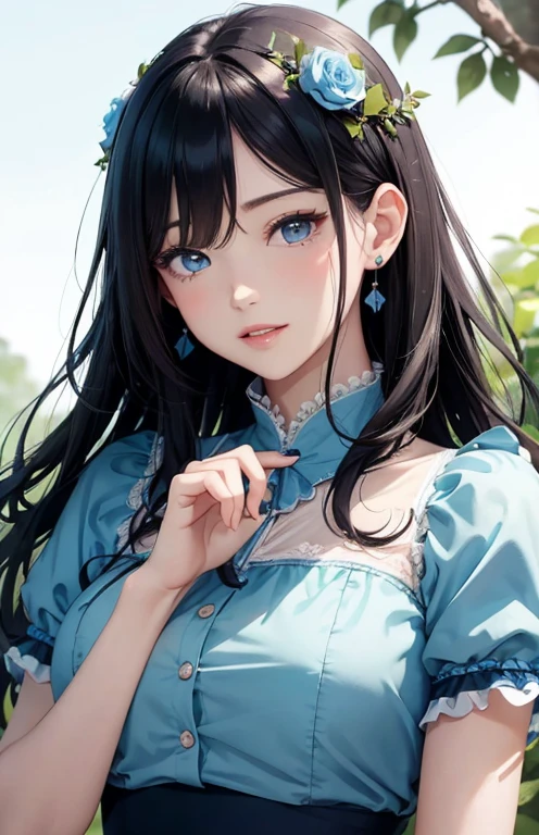 masterpiece、highest quality、High resolution、high quality images、8K, 1 female、skin luster、Texture of skin and clothing、Expression of fine eyes、shiny black hair,long hair girl, Manga inspired by Lee Jong-suk, trending on deviantart, realism, detailed manga style, manga art style, perfect line drawing, beautiful line drawing, digital manga art girl, K-POPアイドル, dress, beautiful blue eyes, plump lips, detailed gorgeous face, (cute smile), charm, innocent, Side view, (perfectly detailed face), (fine hands) photorealistic images, Depth of written boundary, half up hairstyle, gorgeous maid outfit , corolla , cloud，sky sky，night ,star, garden,Rose,The skin is delicate，建物の前にはBlue Roseが咲いている, rose background, rosette, beautiful flower garden, Pastel Roses, blue flowers, beautiful and aesthetic, Heavenly Blue,  beautiful aesthetics, Pale blue shade, shades of blue, lying on a rose, rose background, pastel overflow, Blue Rose