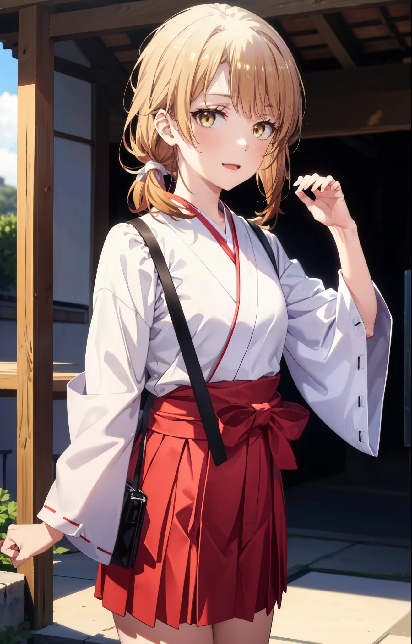 irohaisshiki, iroha isshiki, long hair, brown hair, (brown eyes:1.5), low ponytail,Short braided hair happy smile, smile, open your mouth,Platycodon,Miko, white kimono, red hakama,kimono, white foot bag,Zori sandals,same as skirt, wide sleeve, long sleeve, ribbon trim sleeves,
looking at the viewer, Are standing,
very long hair, dull bangs, low ponytail,
break outdoors, shrine,torii,
break looking at viewer,whole body, (cowboy shot:1. 5)
break (masterpiece:1.2), highest quality, High resolution, unity 8k wallpaper, (shape:0.8), (fine and beautiful eyes:1.6), highly detailed face, perfect lighting, Very detailed CG, (perfect hands, perfect anatomy),